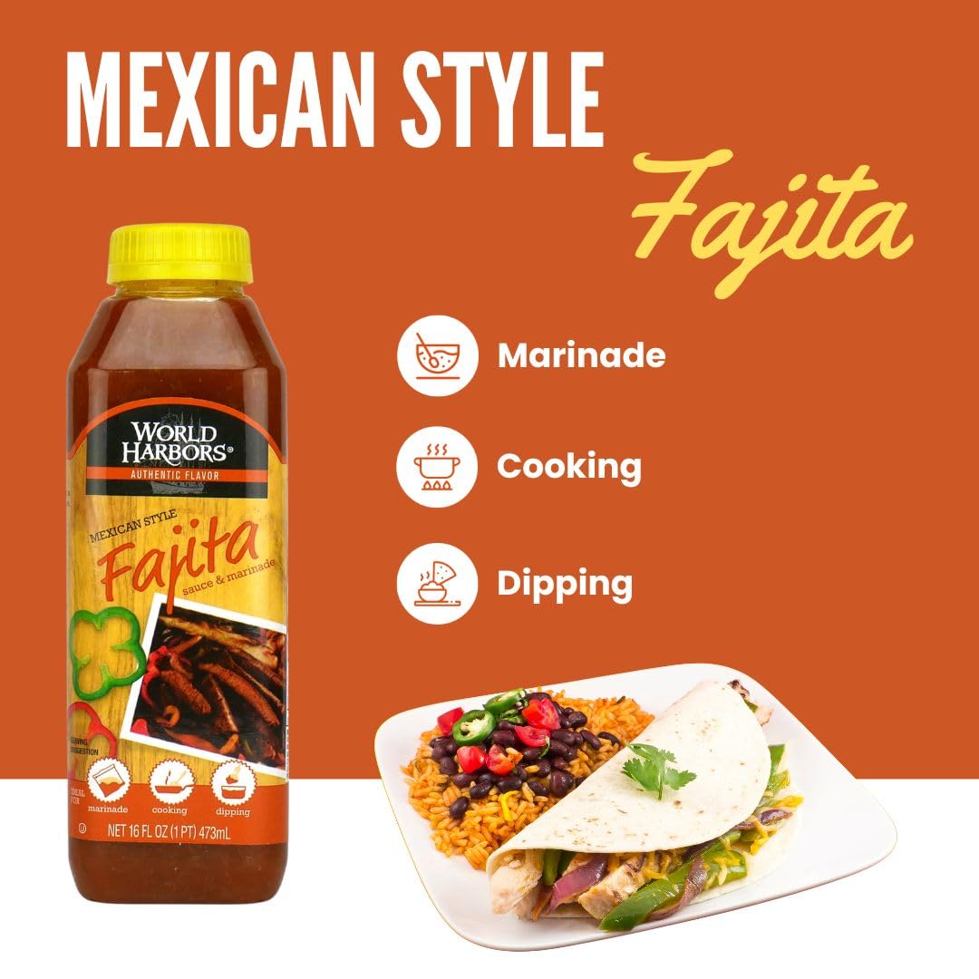 World Harbors Authentic Mexican Fajita Marinade Sauce - 16 fl oz Bottles (6-Pack) - Perfect for Grilling, Marinating Steak, Chicken & Veggies - Restaurant Quality Flavor at Home