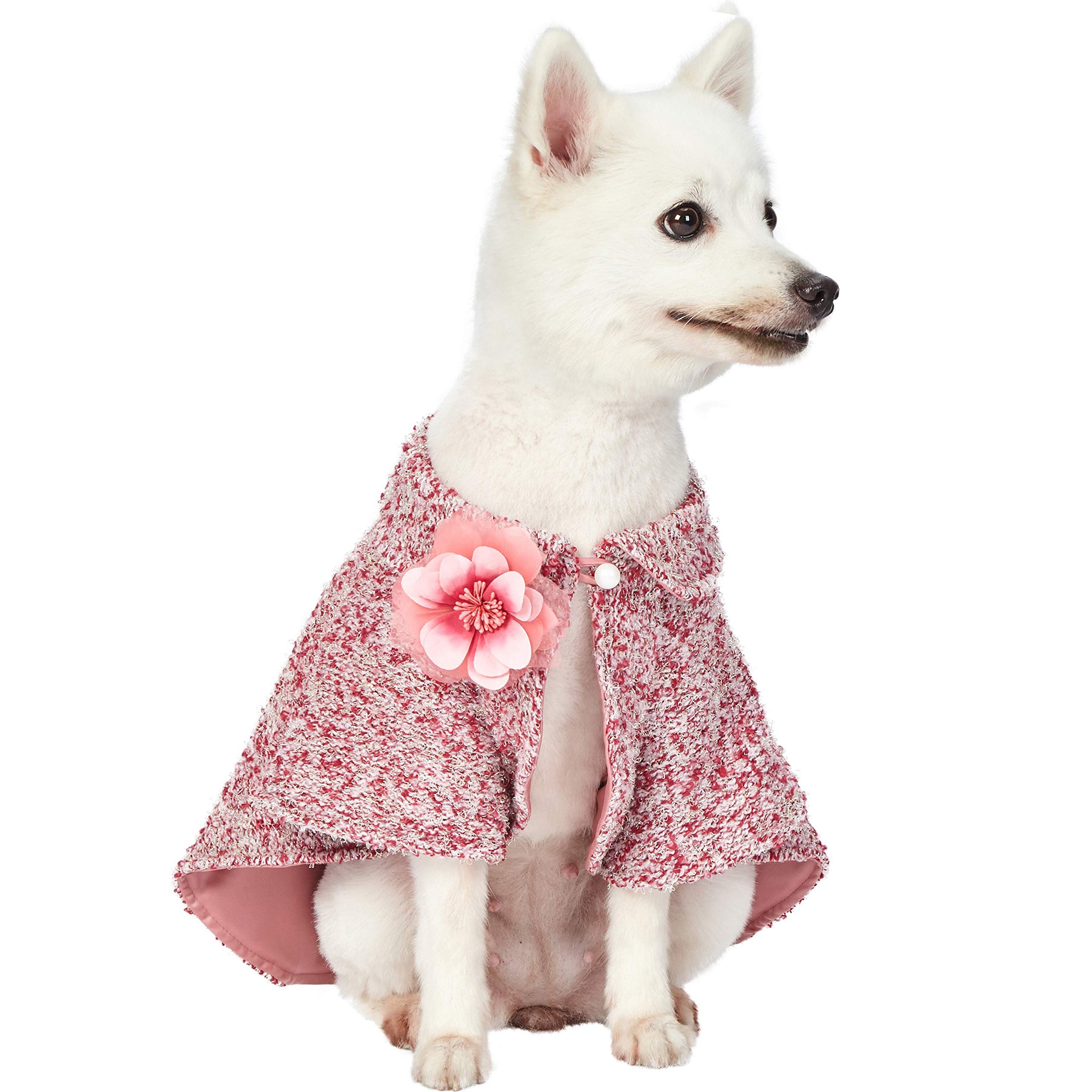All-Weather Handmade Knit Dog Poncho - Blueberry Pet Marled Cerise Red Cape with Detachable Necklace & Flower, 10