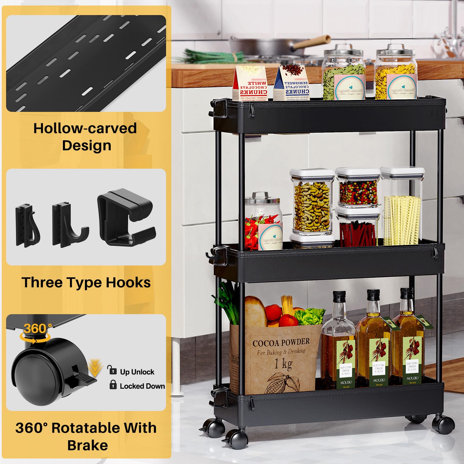 SPACEKEEPER 3-Tier Slim Rolling Storage Cart - Black Mobile Utility Cart for Kitchen, Bathroom, Office & Dorm Organization