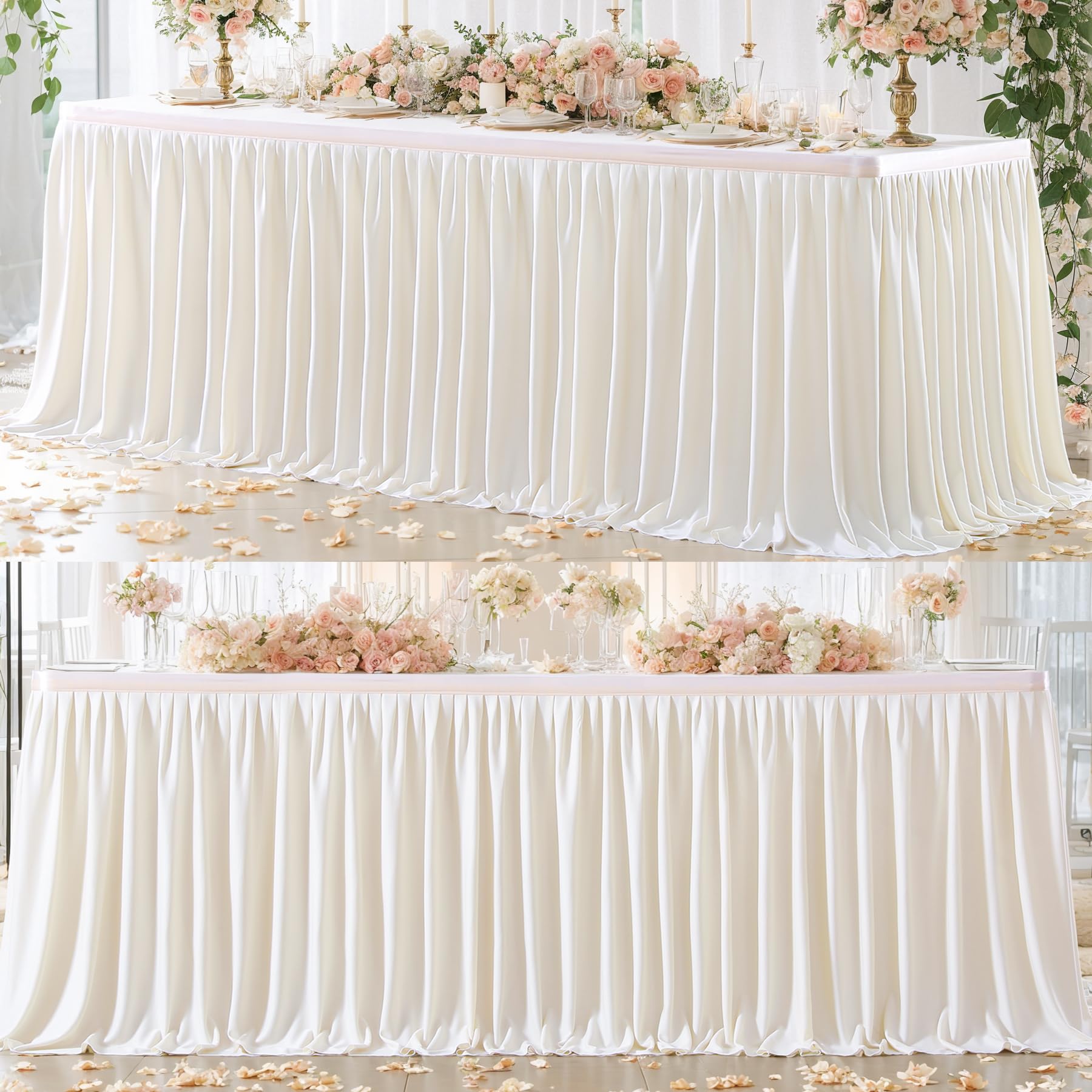 Partisky 14ft Ivory Polyester Table Skirt - Wrinkle Resistant Pleated Ruffle Tablecloth for Banquet, Wedding, Baby Shower & Dining | Perfect for Rectangle Tables, Trade Shows & Gift Displays