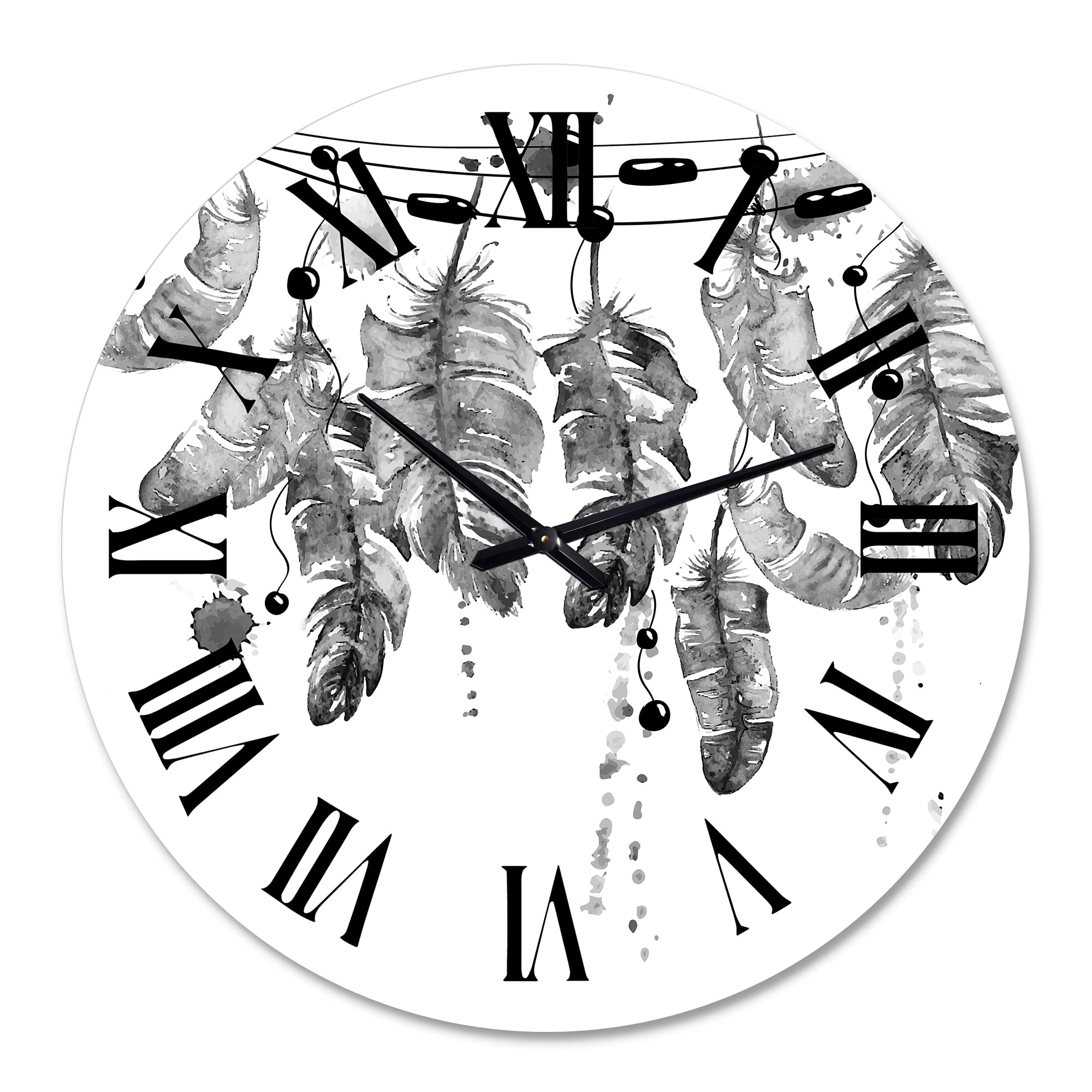 Bohemian Eclectic Wall Clock with Hanging Bird Feathers - Large Decorative Clock for Living Room, Bedroom & Office - Unique Home Decor Gift Idea