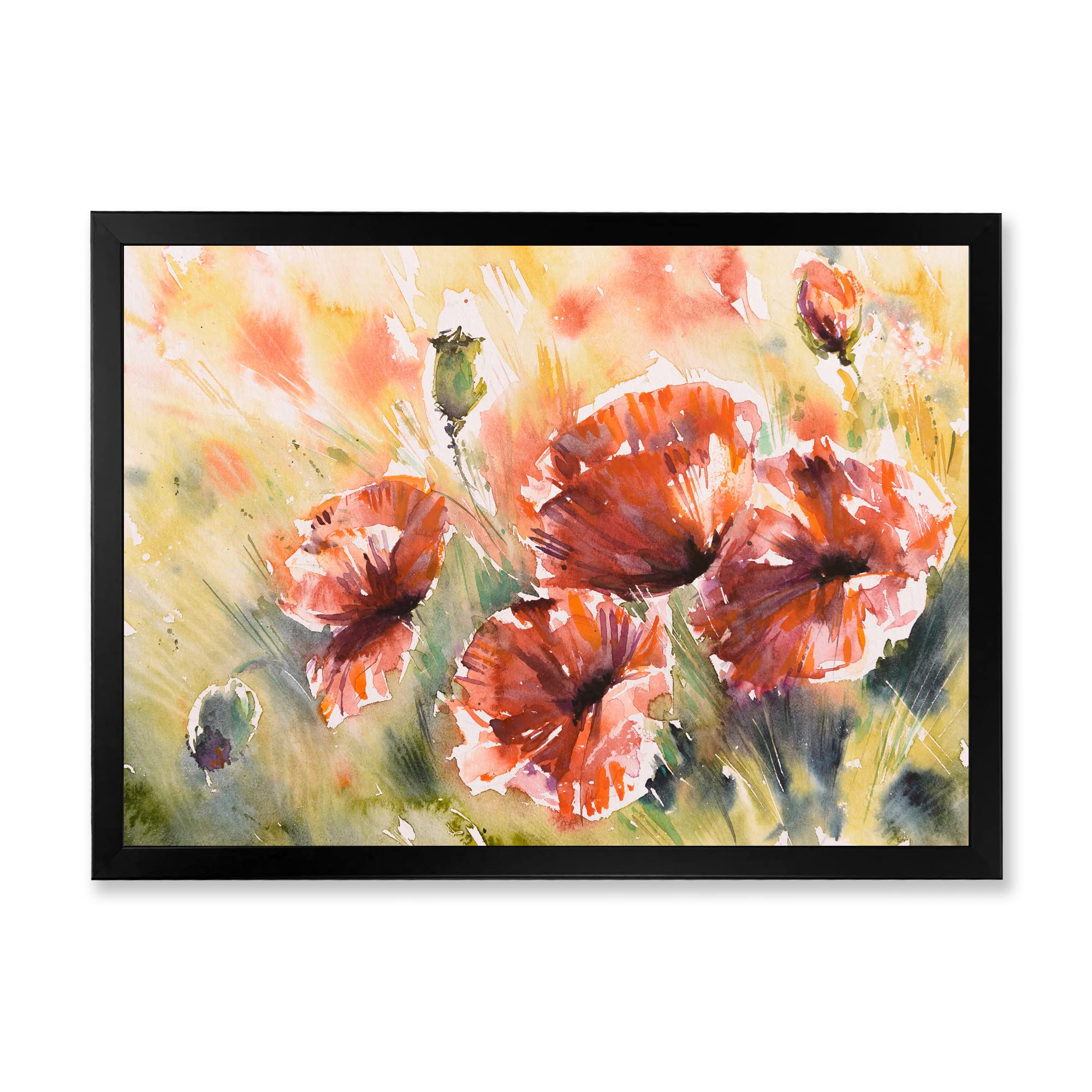 DesignQ Red Poppy On A Field Traditional Framed Wall Art - Vintage Floral Canvas Painting for Living Room, Bedroom & Office Decor