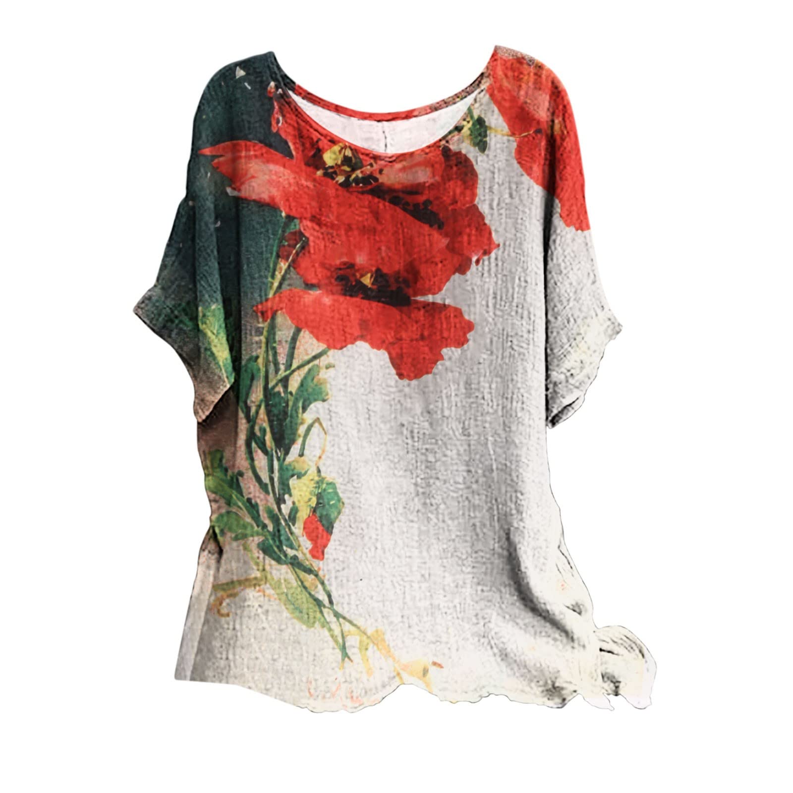 Women's Loose Cotton Linen Batwing Sleeve Floral Print Blouse - Crewneck Slim Fit Tunic Top for Casual Wear, Summer Outfits & Boho Style