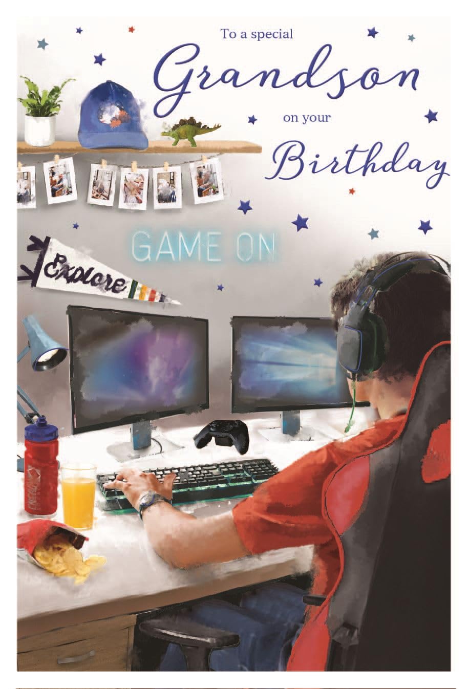 ICG Special Grandson Birthday Card for Computer Gamers - Foil Finish with Headphones & Snacks Design | Perfect Gift for Gaming Enthusiasts & Grandkids