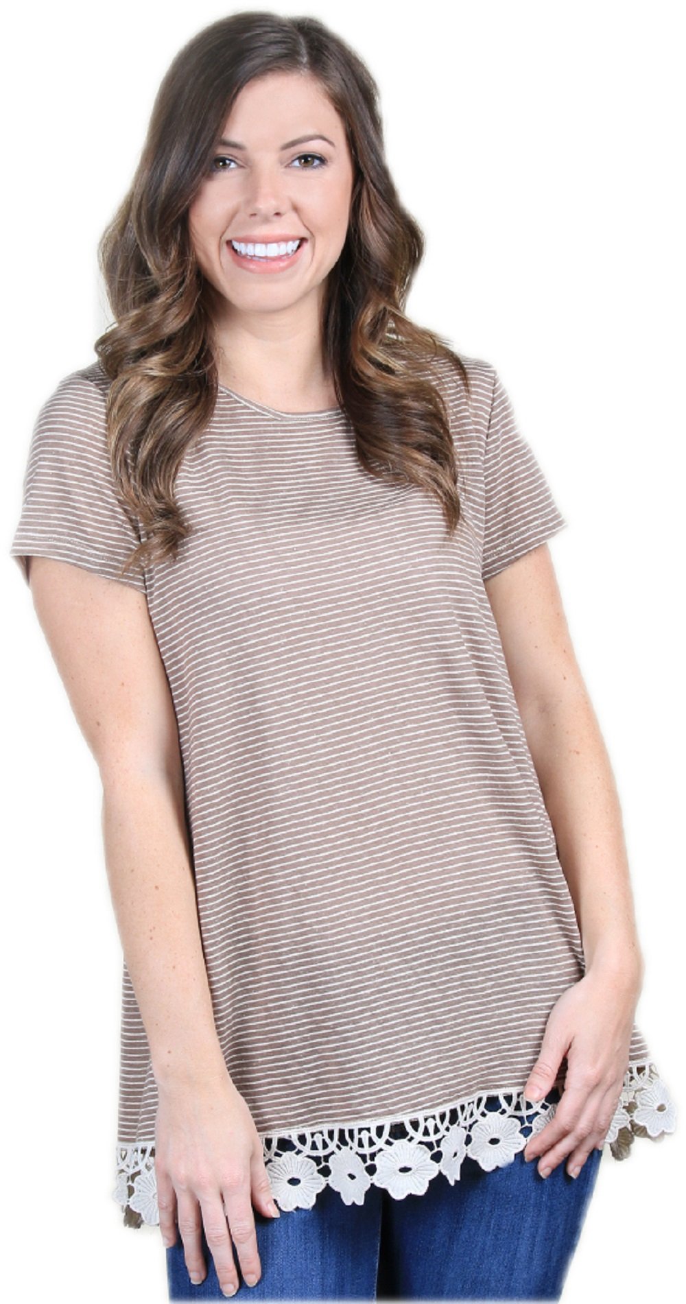 Grace & Emma Jenna's Striped Crochet Trim Blouse in Taupe - Perfect for Casual Outings, Beach Vacations & Boho-Chic Style