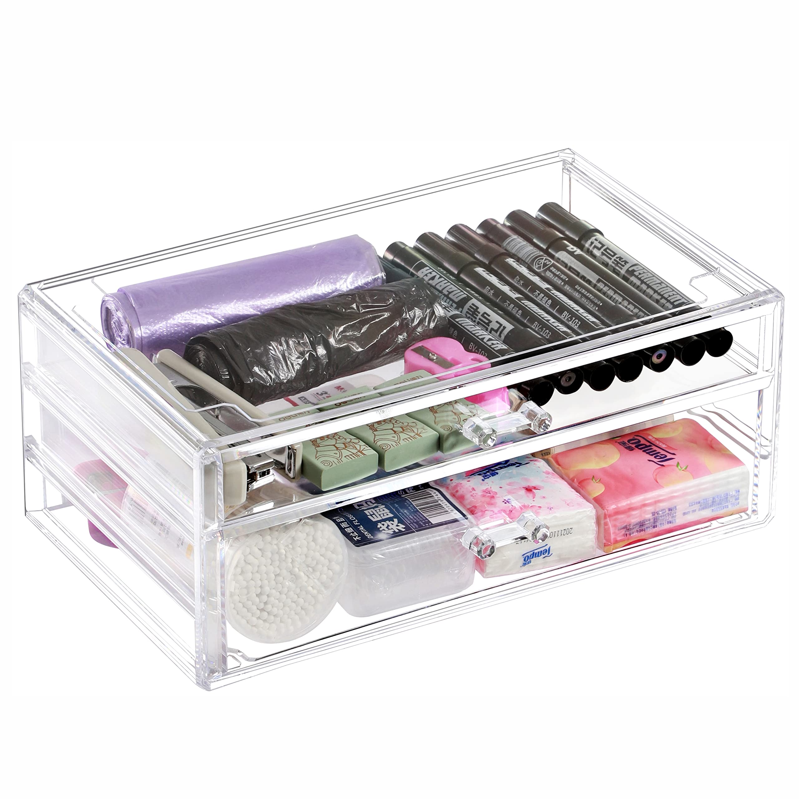 Clear Acrylic Desk Organizer with 2 Stackable Drawers - Skin Care, Jewelry & Makeup Storage for Vanity, Bathroom & Bedroom Organization - Perfect for Hair Clips, Beauty Products & Countertop Display