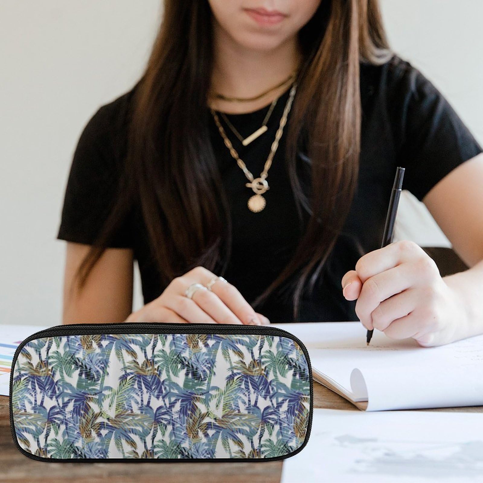 Tropical Summer Palm Print Pencil Box - Cute Large Capacity Pen Organizer Pouch for School, Office & Travel | Durable Pencil Case for Students & Professionals