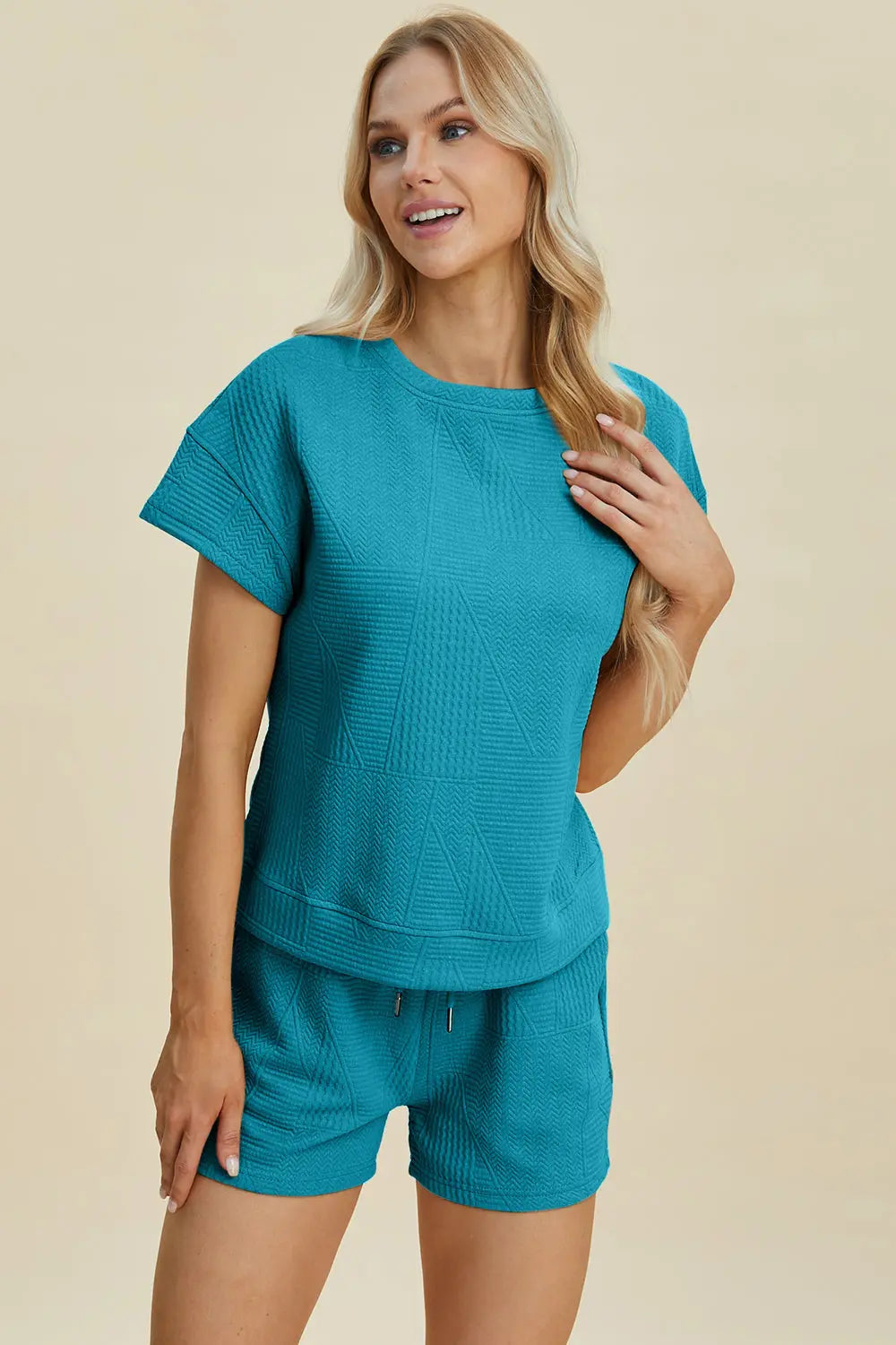 Double Take Full Size Textured Short Sleeve Top & Shorts Set - Women's Casual Summer Outfit for Beach, Yoga & Lounge Wear