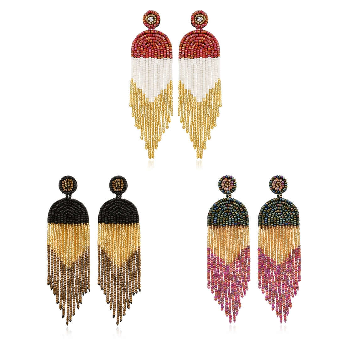 Bohemian Color Seed Beads Tassel Fringe Earrings for Women | Handmade Dangle Earrings with Natural Stones | Perfect for Festivals, Parties and Boho Fashion (Style E68671)