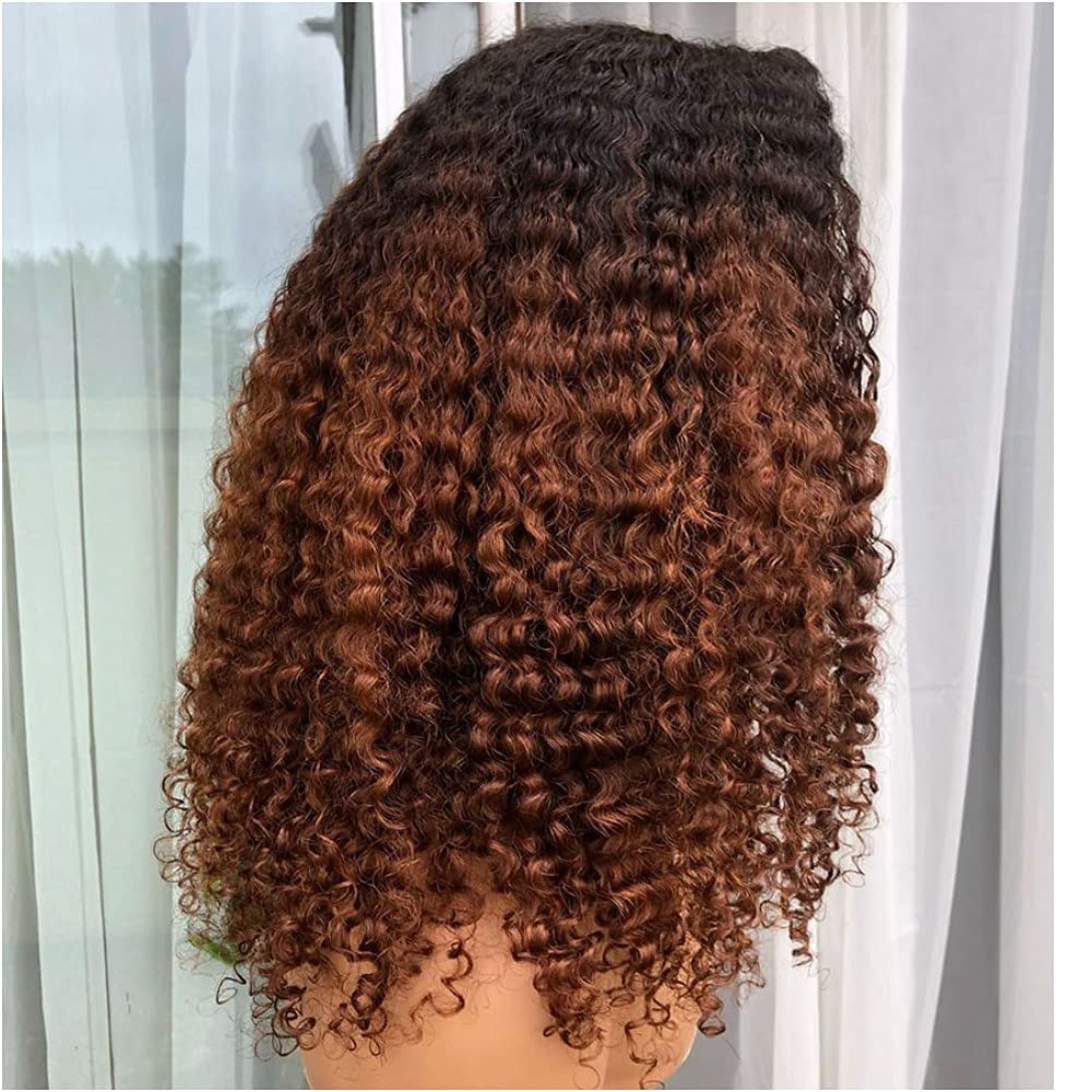 Ombre Brown Kinky Curly Human Hair Lace Front Wig - 13x6 Transparent Lace Frontal with Pre-Plucked Hairline & Bleached Knots | 150% Density Brazilian Remy Hair | 16 Inch Length for Natural Look - Perfect for Daily Wear, Cosplay & Special Occasions