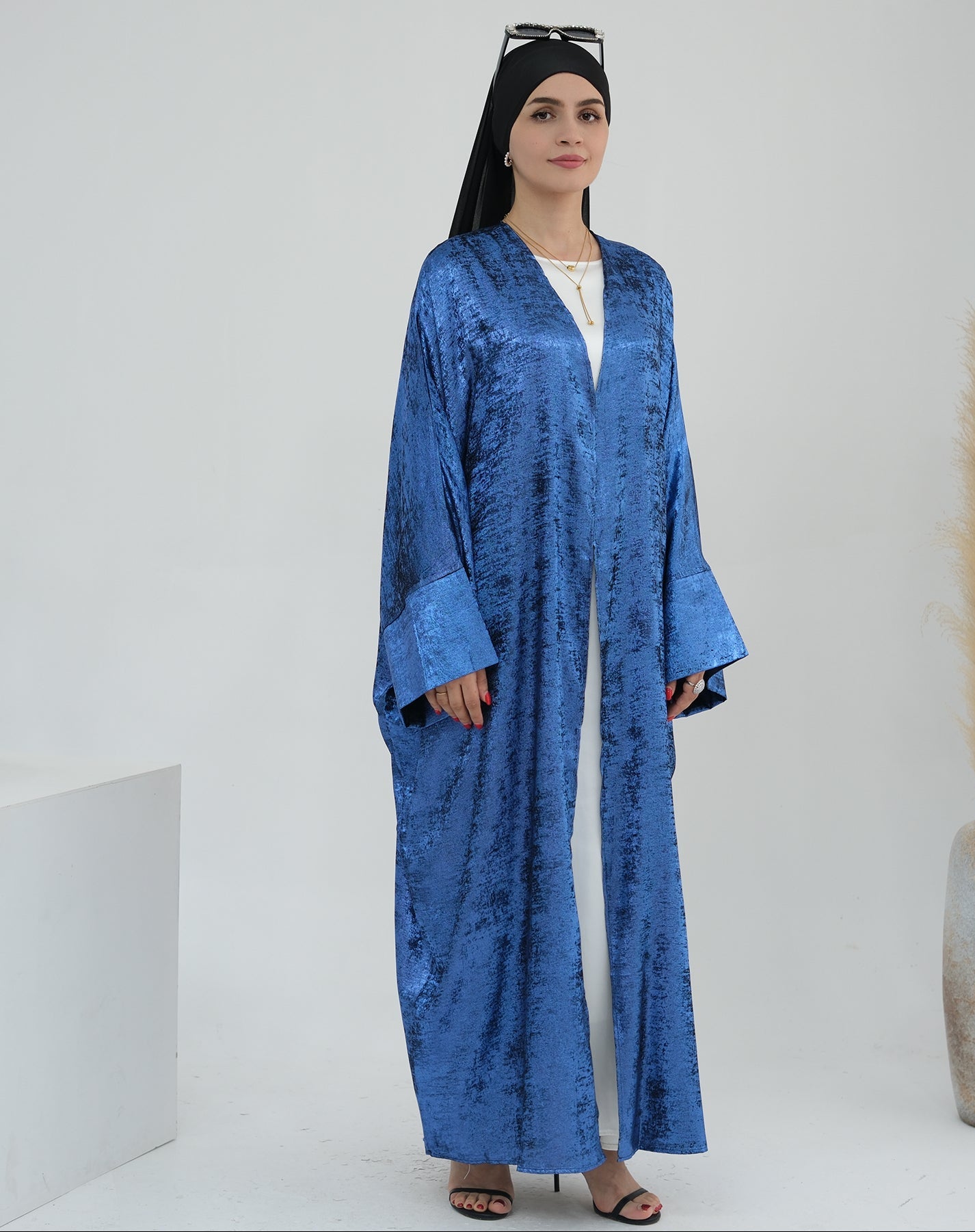 Draya Shimmer Kimono Open Abaya - Elegant Blue Muslim Abaya Dress for Women | Perfect for Prayer, Eid, Wedding & Special Occasions