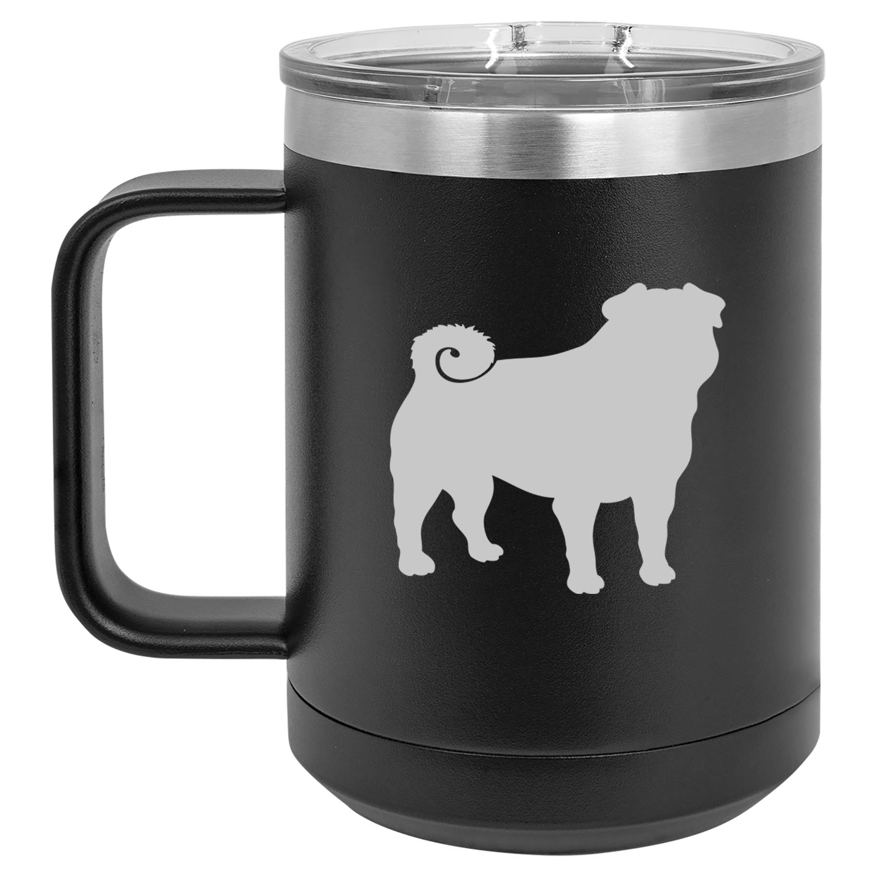 15 oz Vacuum Insulated Stainless Steel Tumbler with Handle & Lid - Leakproof Travel Coffee Mug for Hot & Cold Drinks - Perfect for Commuting, Camping and Office Use (Black Pug Design)