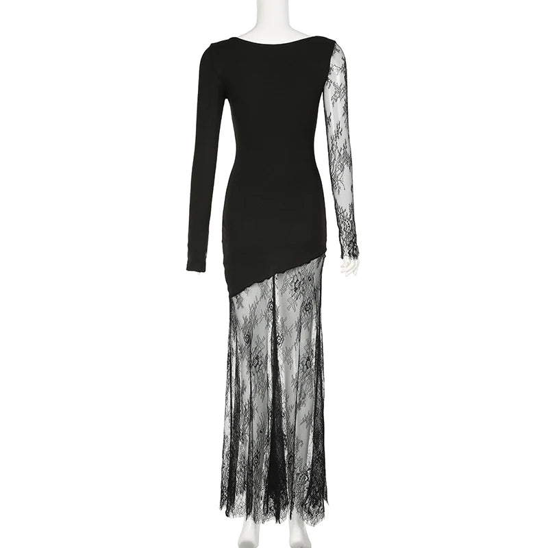 Asymmetrical Black Lace Dress for Women - Elegant Sexy Long Prom Evening Gown with Sheer Details, Perfect for Parties, Weddings & Summer Night Outfits