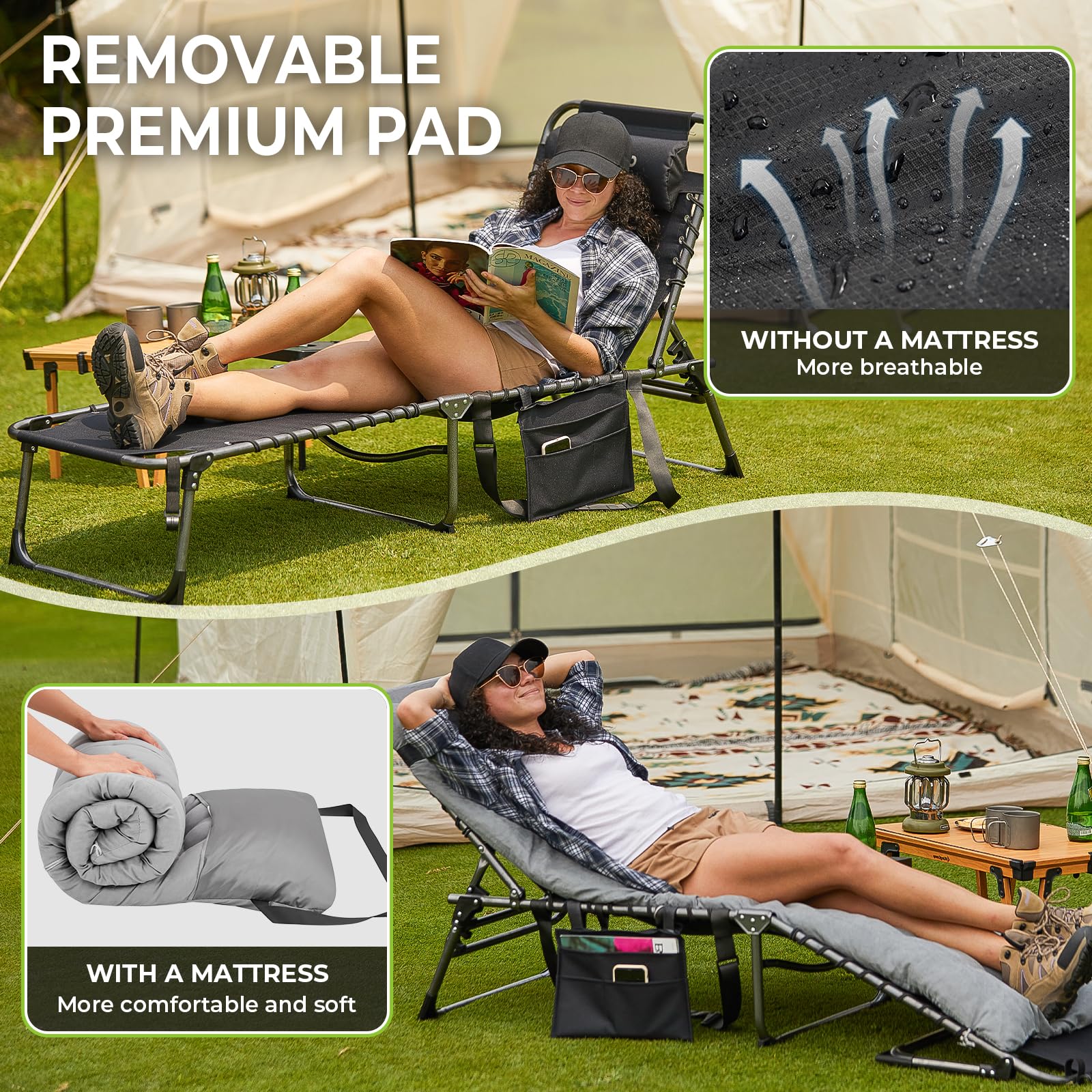 FUNDANGO Folding Chaise Lounge Chair with Soft Cushion & Side Table - 5-Position Adjustable Outdoor Recliner for Patio, Beach, Camping - Portable Sunbathing Chair with Pillow - Perfect for Backyard Relaxation, Poolside Lounging and Picnic Comfort