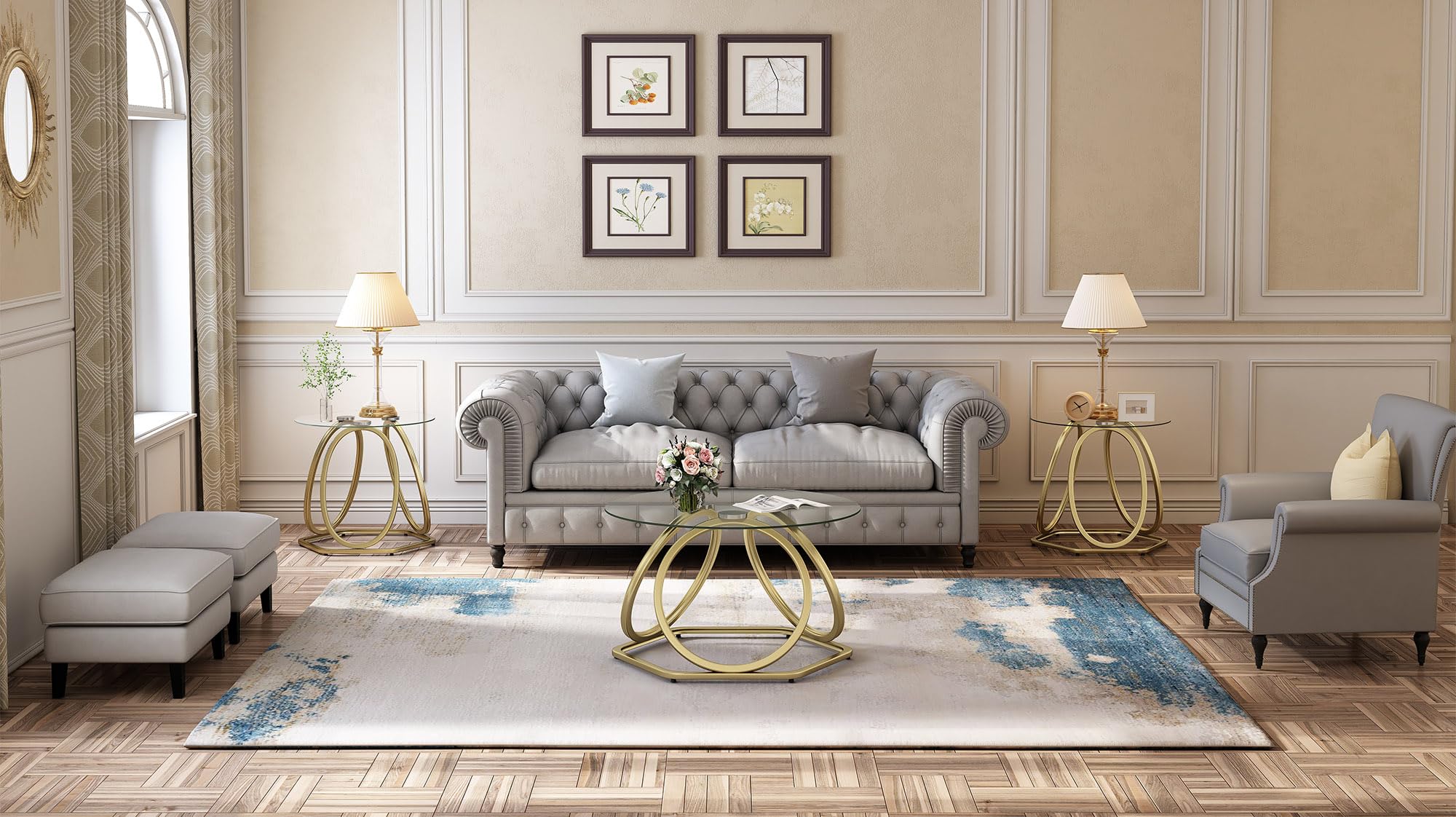 Modern Gold Glass Coffee Table with Hexagonal Base - Round Living Room & Office Table - Elegant Gold Finish - Perfect for Home Decor, Lounge, and Workspace - 1 PC