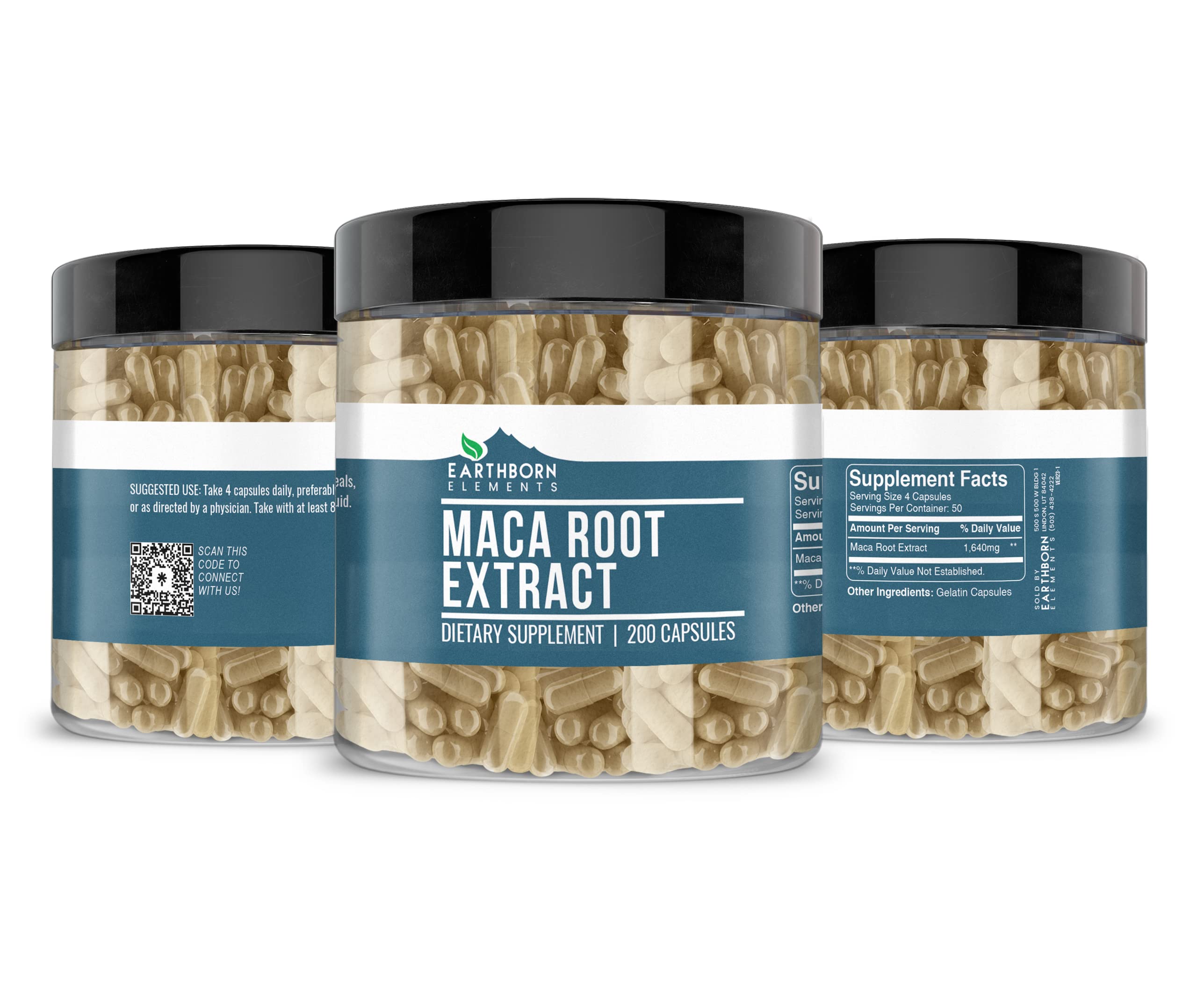 Earthborn Elements Maca Root Extract 200 Capsules - Pure & Undiluted Peruvian Maca Powder, No Additives, Gluten-Free, Vegan - Boost Energy, Stamina & Libido Naturally for Men & Women