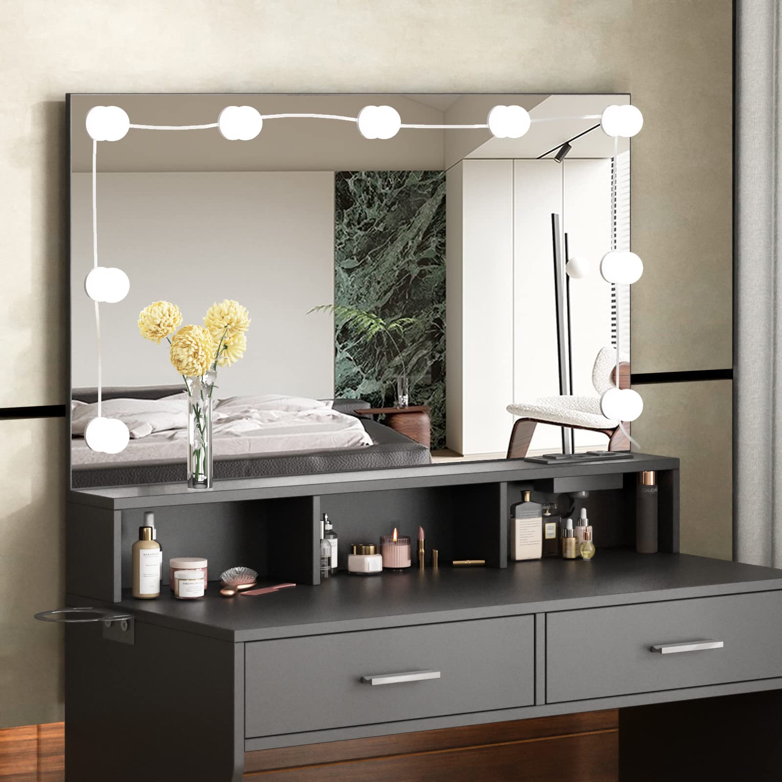 Vabches Makeup Vanity with LED Lighted Mirror & Power Outlet - Adjustable Brightness, 3 Lighting Colors, White Vanity Desk Set (31.5
