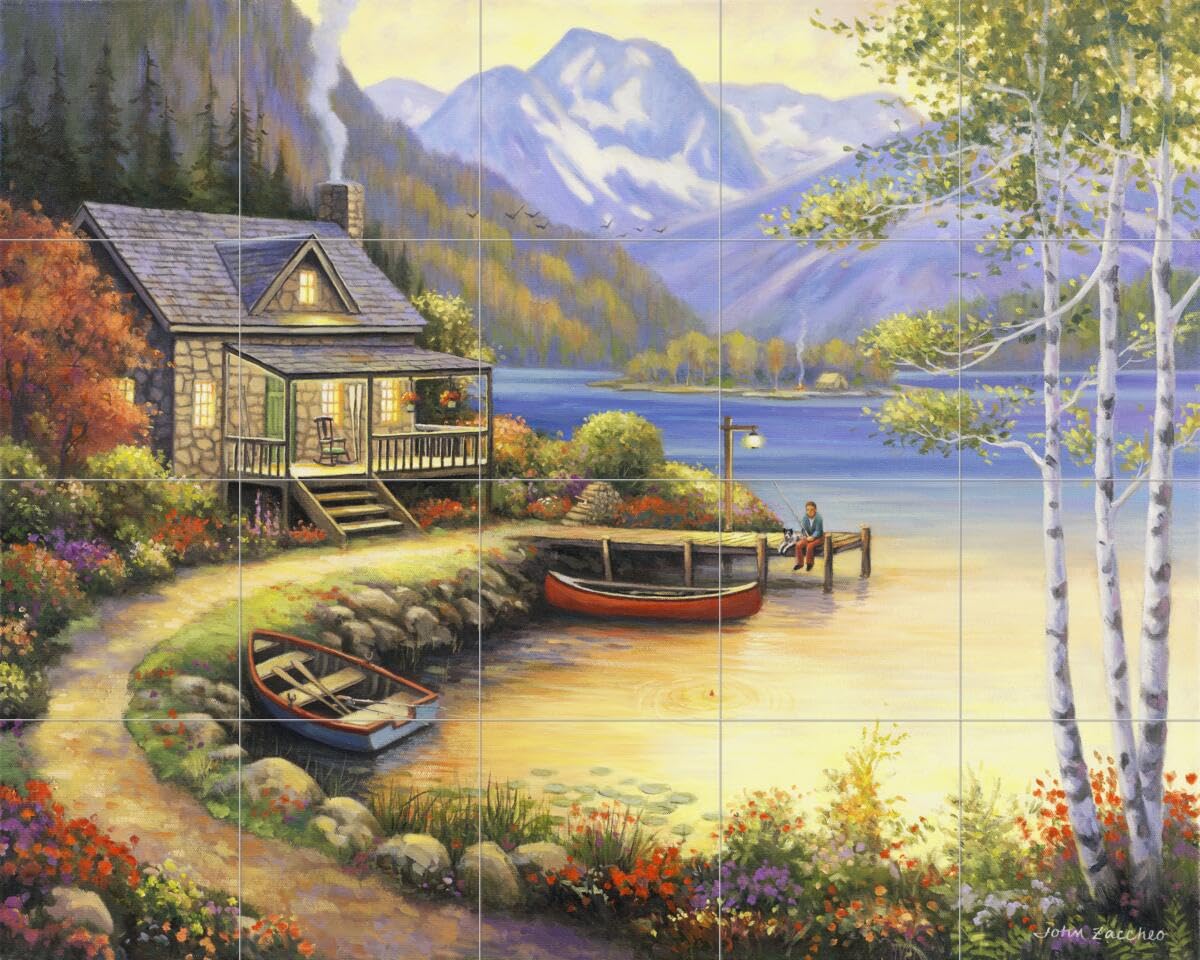 Ceramic Backsplash Tile Mural - Woodland Landscape with Lake Fishing Scene by John Zaccheo - Perfect for Kitchen, Bathroom & Living Room Decor