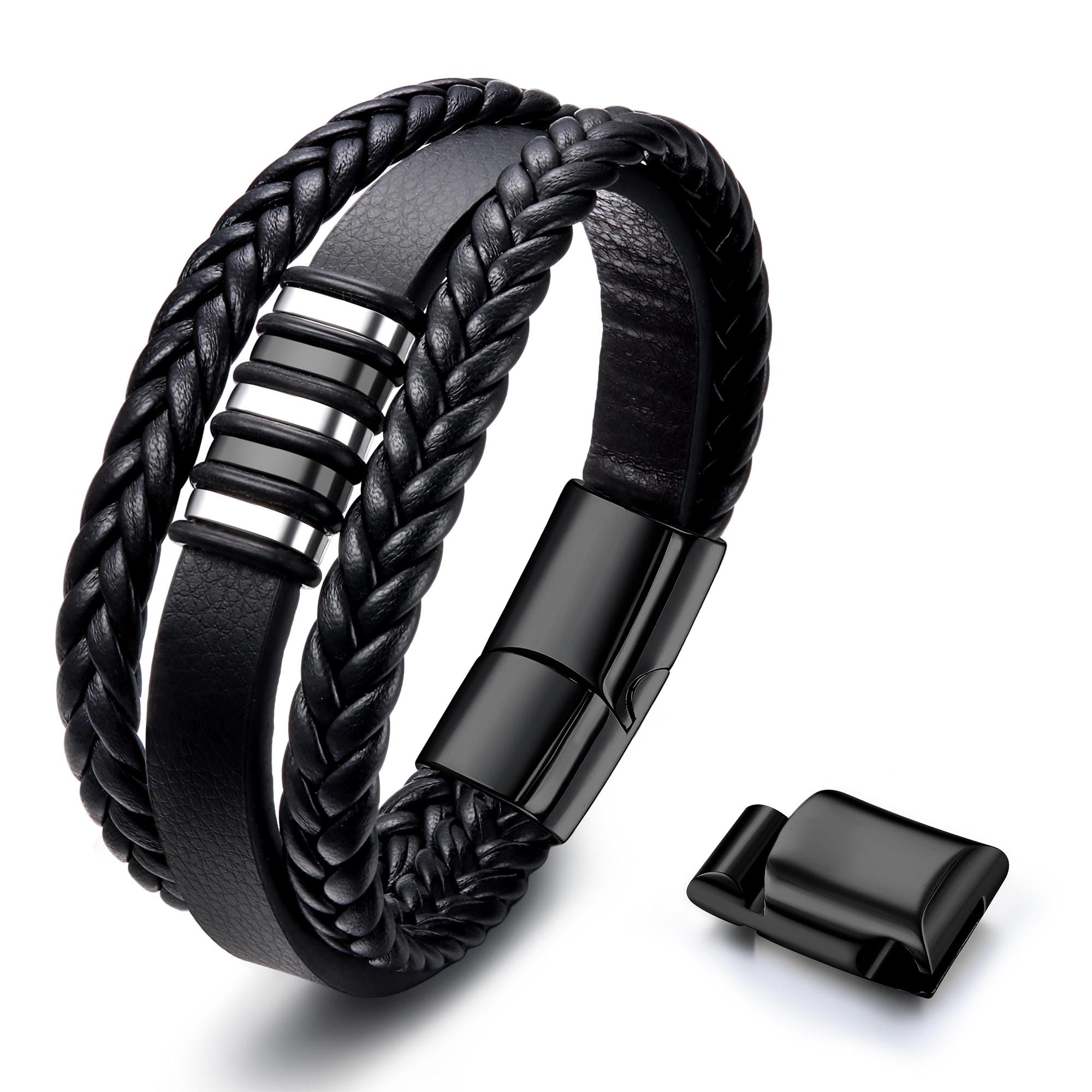 **ADRAMATA Genuine Leather Bracelet for Men & Women - Black Braided Cross Bracelet with Magnetic Clasp, Unisex Friendship Jewelry Gift (Ideal for Casual Wear, Gifts & Everyday Fashion)**