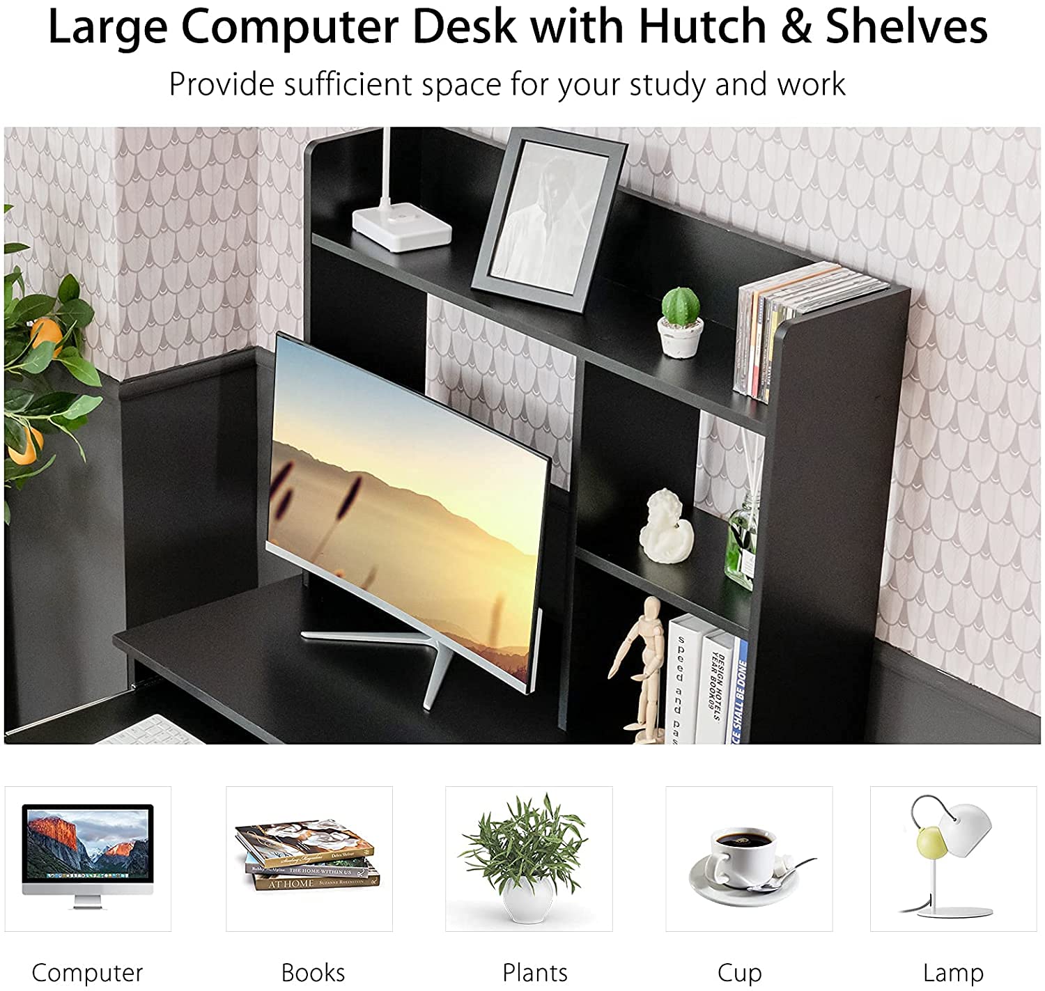 CHEFJOY Modern Computer Desk with Hutch & Bookshelf - Wooden Study Writing Desk with Storage Shelves, Home Office Laptop Table with Keyboard Tray - Space-Saving Design for Small Spaces (Black) | Perfect for Home Office, Study Room & Small Apartments