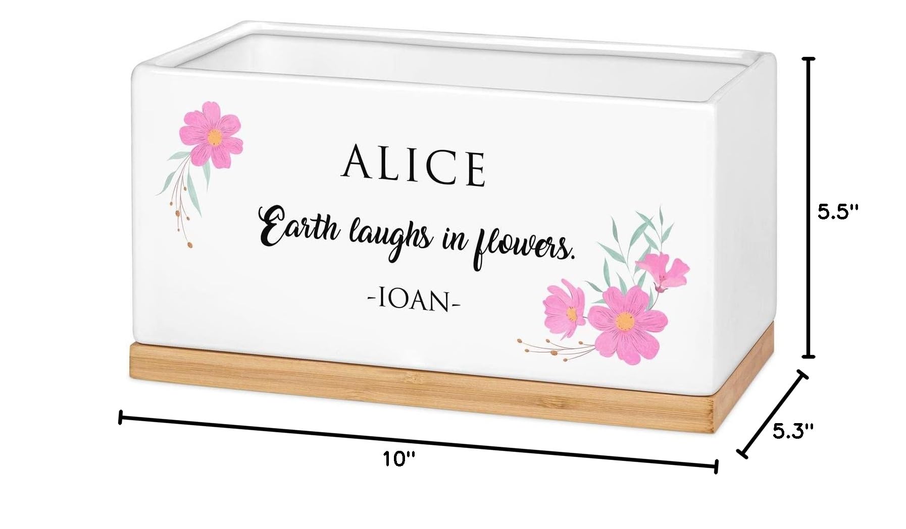 Maverton Ceramic Planter Pot with Bamboo Tray - Elegant Floral Overprint Flower Pot for Women - Customizable Jewelry Gift Box - Perfect for Houseplants, Succulents & Home Decor - Ideal Birthday Gift for Her, Mother's Day Present or Housewarming Gift