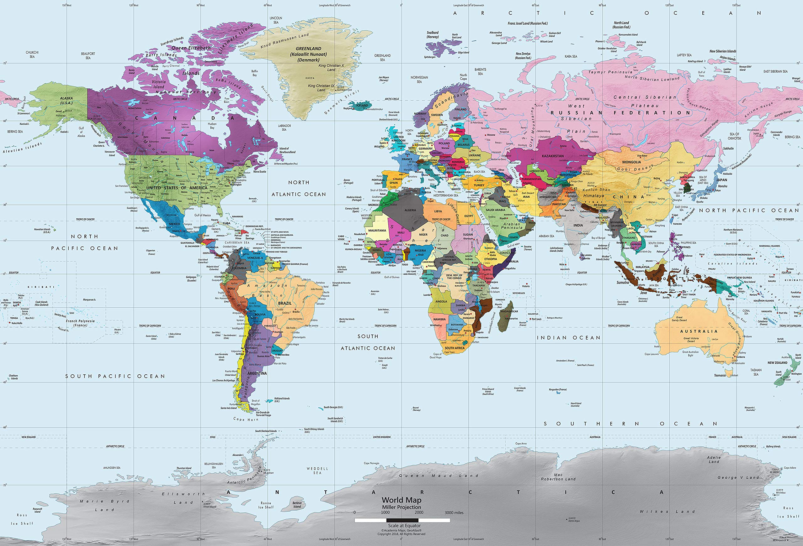 Academia Maps Colorful World Map Mural - 89x60 Inch Giant Peel & Stick Wall Decal | Self-Adhesive World Map Wallpaper for Kids Room, Classroom & Office Decor | Easy to Apply & Removable Wall Sticker