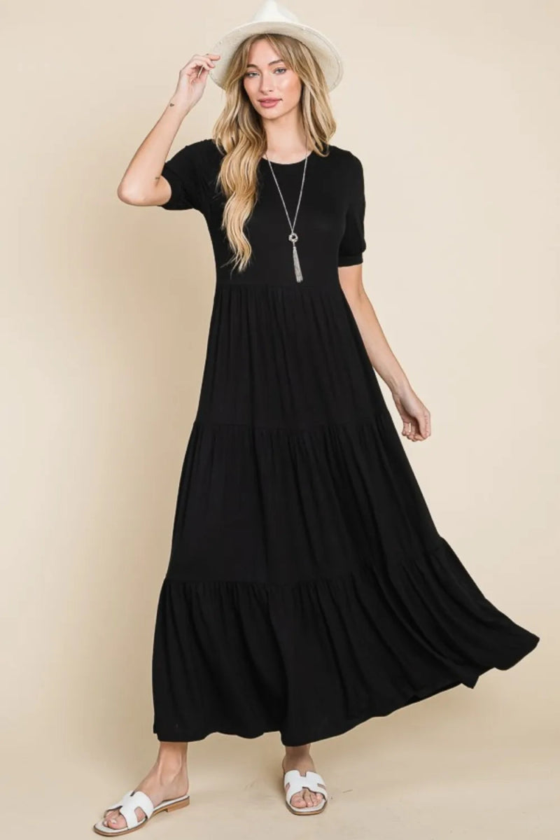 BOMBOM Women's Short Sleeve Tiered Maxi Dress - Flowy Summer Casual Dress with Elastic Waist for Beach, Vacation & Everyday Wear