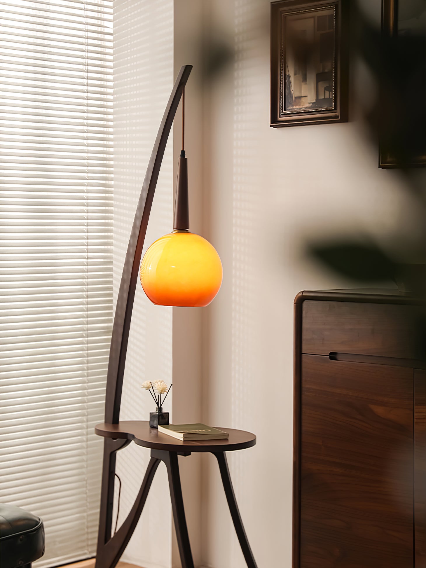 Arc Wood Hanging Floor Lamp - Modern Scandinavian Style Adjustable Pendant Light for Living Room, Bedroom, or Dining Area - Perfect for Ambient Lighting and Home Decor