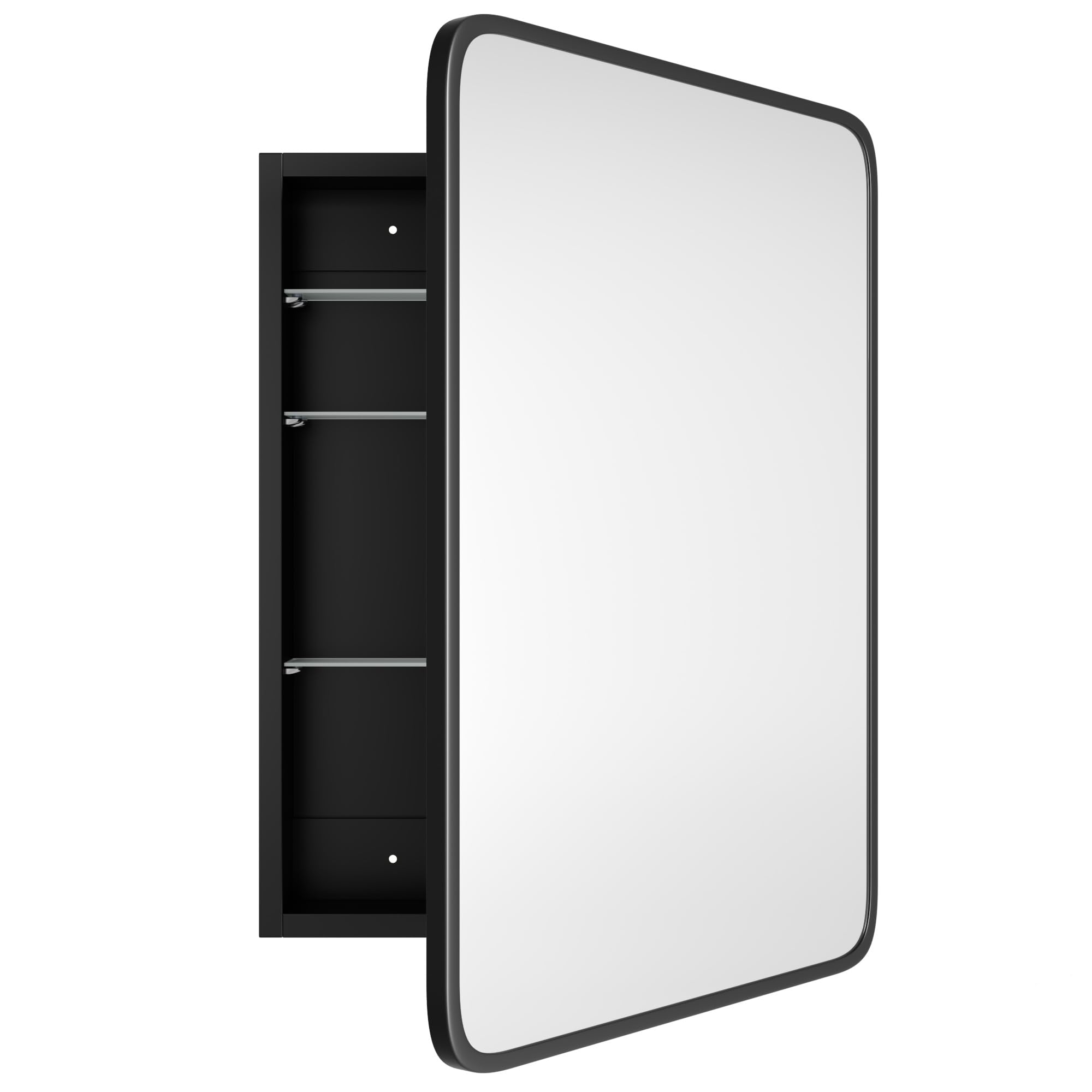 20''x30'' Black Wood Bathroom Storage Cabinet with Metal Frame & Curved Mirror - Recessed Medicine Cabinet for Vanity, Makeup Organization & Bathroom Decor