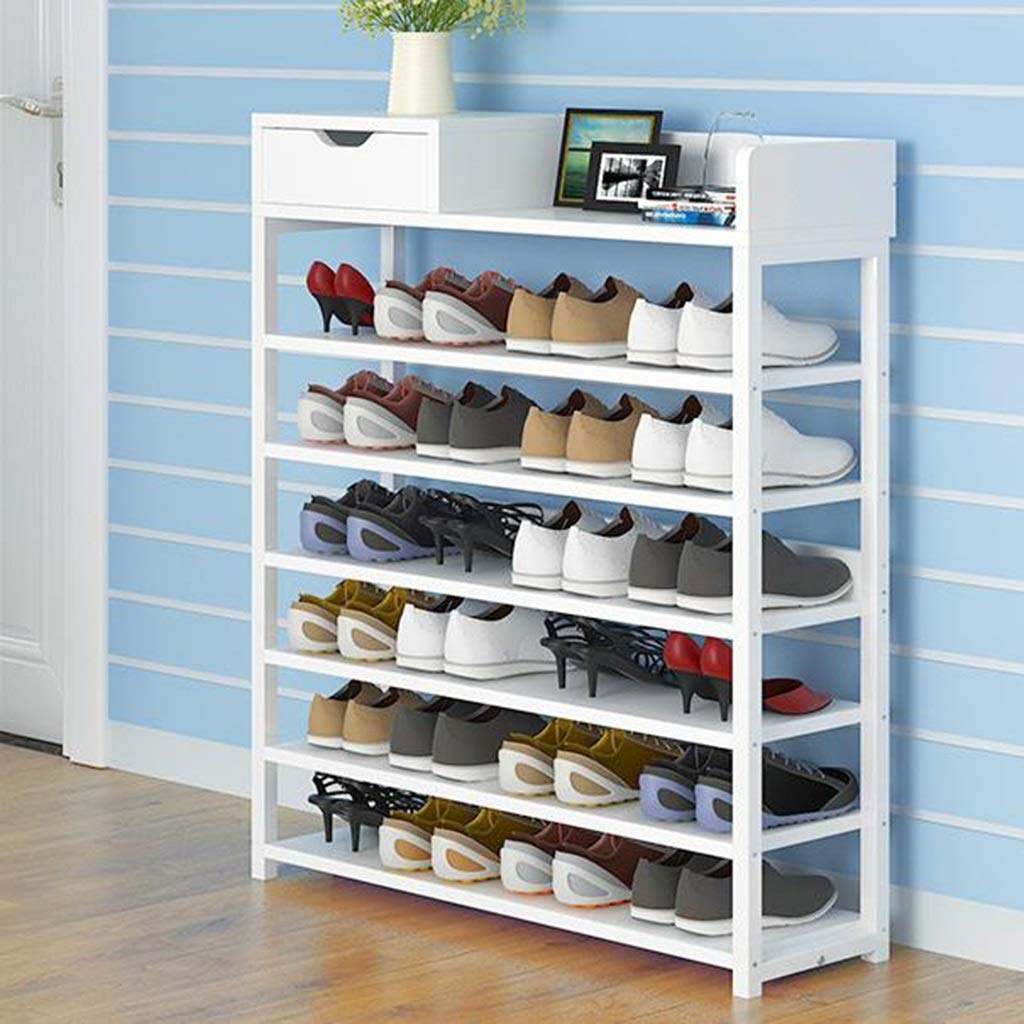 7-Tier Wooden Shoe Rack Organizer with Drawers - Space Saving Shoe Storage Cabinet for Hallway, Bathroom, Living Room & Cloakroom - Perfect for Small Spaces & Apartment Organization (White)
