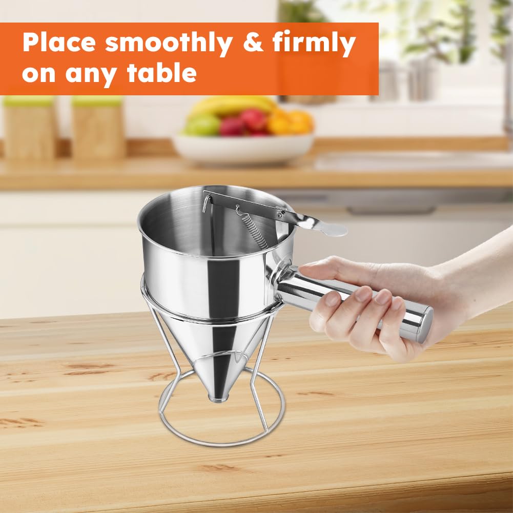 Stainless Steel Pancake Batter Dispenser with Squeeze Handle & Stand - 1200ml Funnel Cake & Takoyaki Balls Tool for Pancakes, Cupcakes, Donuts, Waffles - Perfect for Breakfast, Desserts & Party Cooking