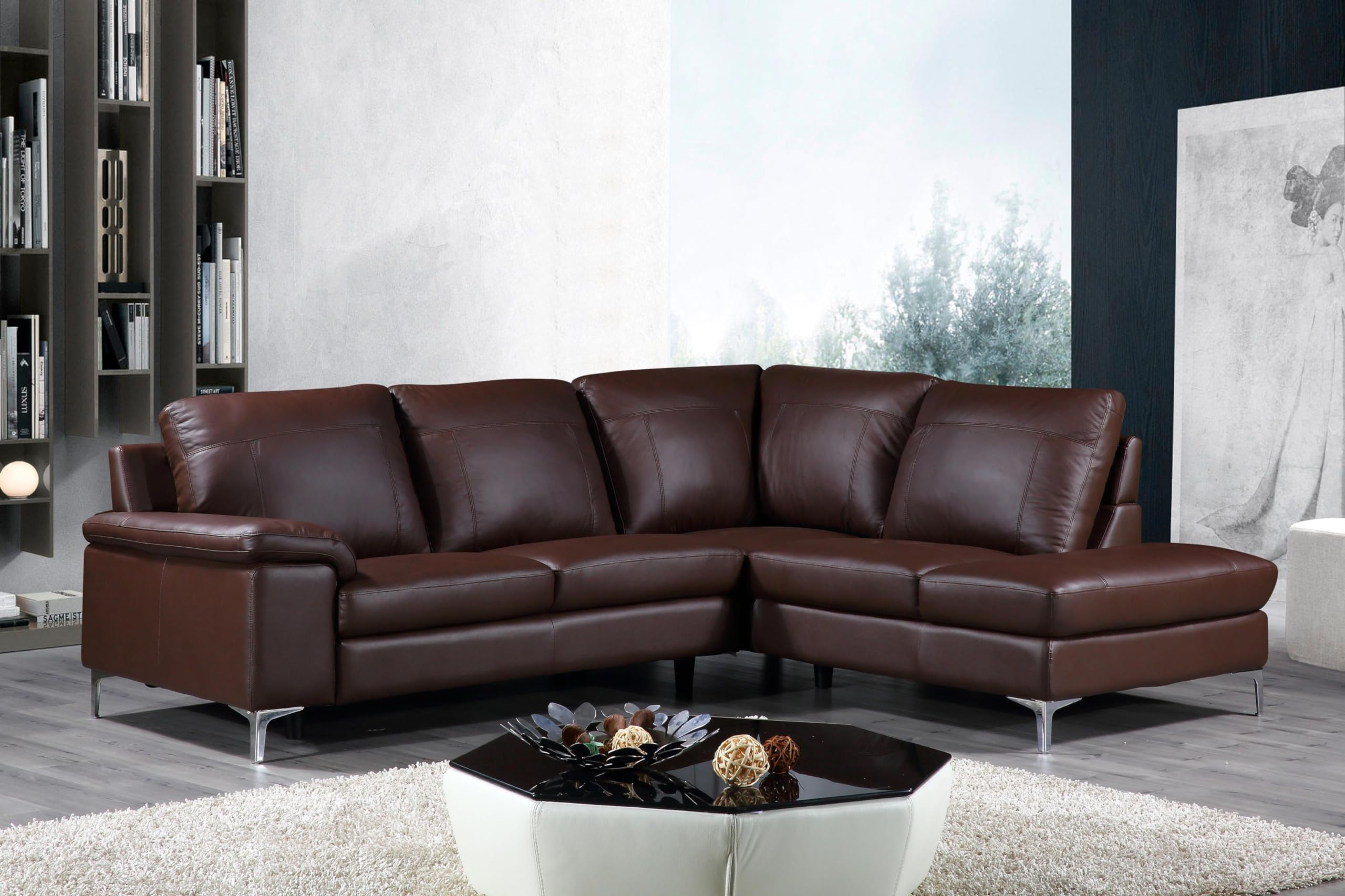 Cortesi Home Dallas Genuine Leather Sectional Sofa with Right Chaise Lounge - Brown Contemporary Leather Sofa for Living Room, Family Room & Lounge Areas