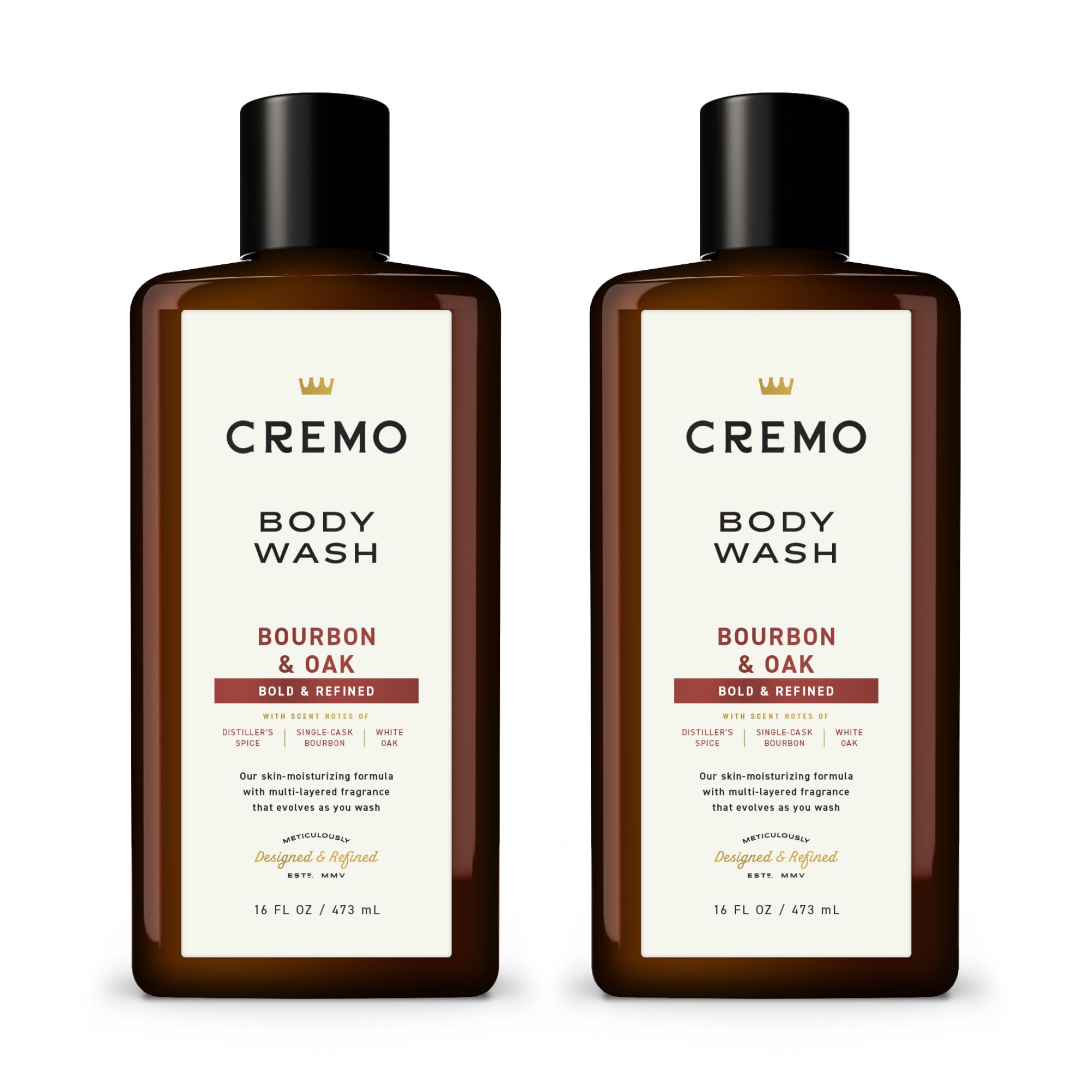 Premium Cremo Bourbon & Oak Body Wash for Men - 16 Fl Oz (2-Pack) - Rich Lathering with Distillers Spice Scent - Luxury Shower Gel for Daily Use & Gifts - Perfect for Home, Gym & Travel