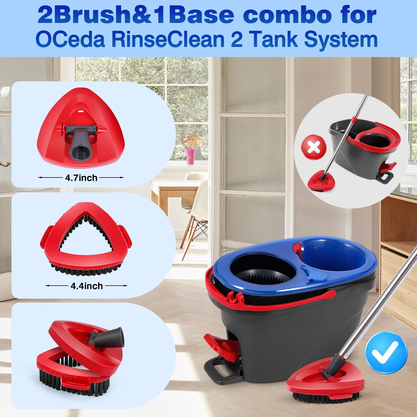OCeda RinseClean 2 Tank System Scrub Brushes - 2 Pack with Storage Base | Mop Head Replacement & Spin Mop Refills | Heavy-Duty Cleaning for Bathroom, Kitchen, Tub & Tile | Perfect for Deep Cleaning Floors, Showers & Countertops