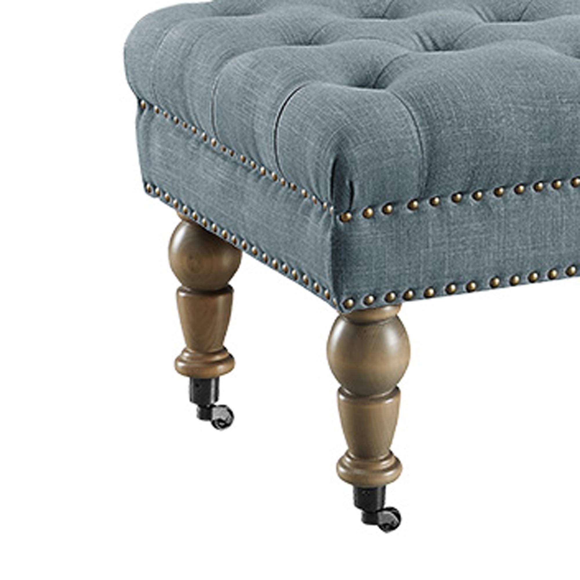 Benjara Button Tufted Upholstered Bench with Caster Wheels - Brown and Blue Velvet Storage Ottoman for Bedroom, Living Room, Entryway
