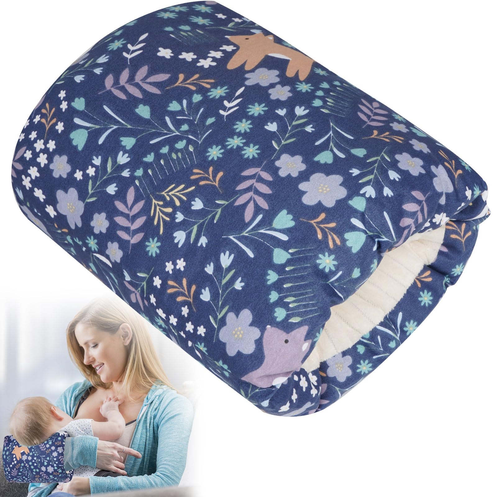 Soft Cotton Baby Nursing Arm Pillow - Ergonomic Support for Breastfeeding Moms & Newborns - Portable Washable for Home & Travel (Blue Forest)
