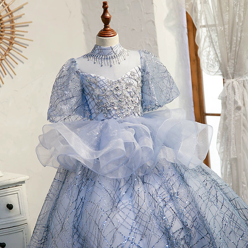 Elegant Blue Organza Flower Girl Dress with Mock Neck & Floor Length - Perfect for Weddings, Pageants & Special Occasions