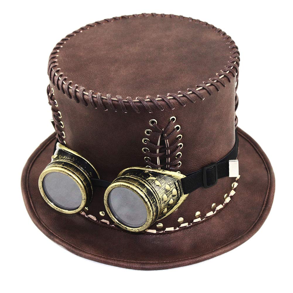 Steampunk Top Hat with Removable Goggles - Premium PU Leather Cosplay Hat for Men & Women | Victorian Costume Accessory for Halloween, LARP, Dance Performances & Themed Parties