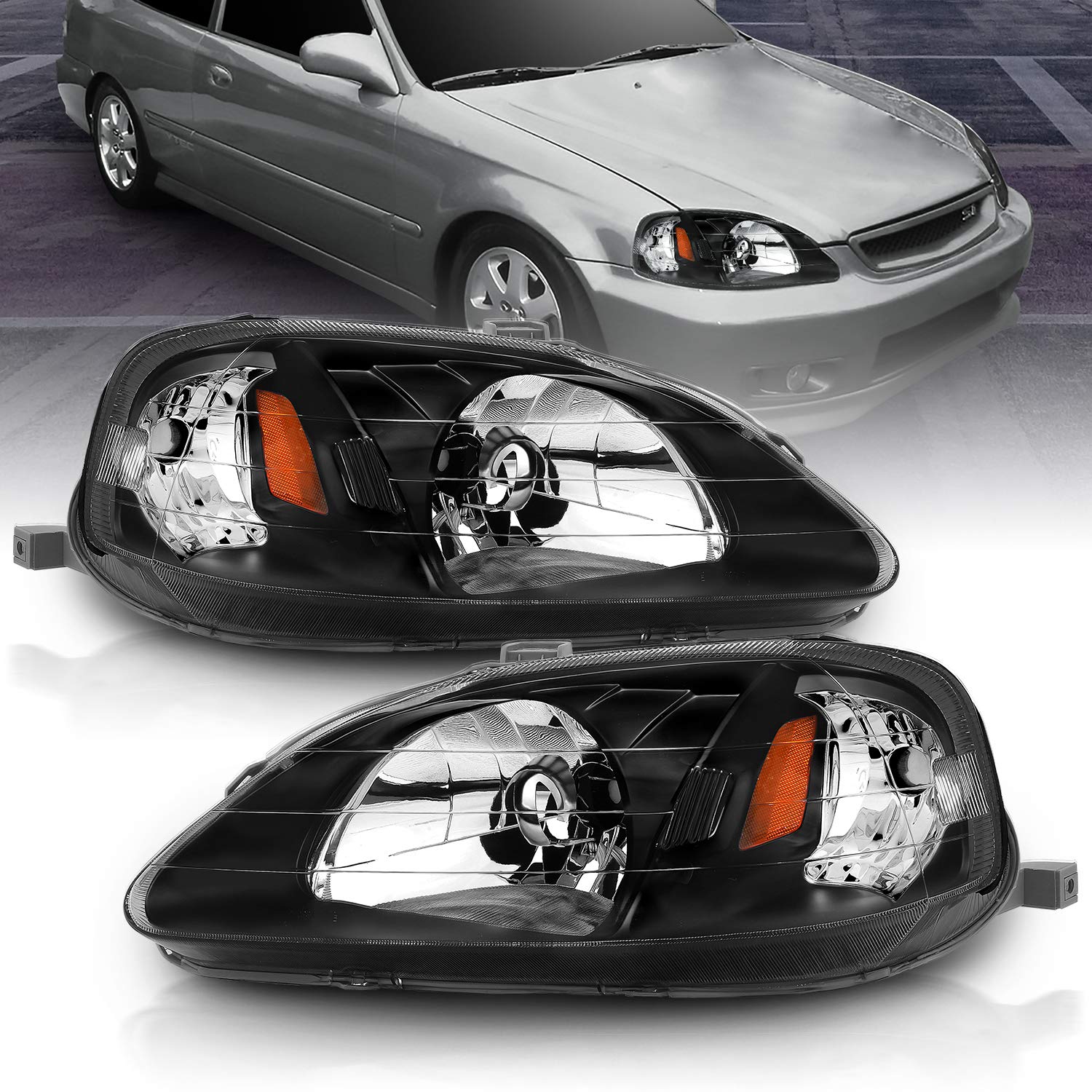 AmeriLite Black Replacement Headlights Set for 1999-2000 Honda Civic - Left & Right Side Headlamps - Perfect for Night Driving & Foggy Conditions