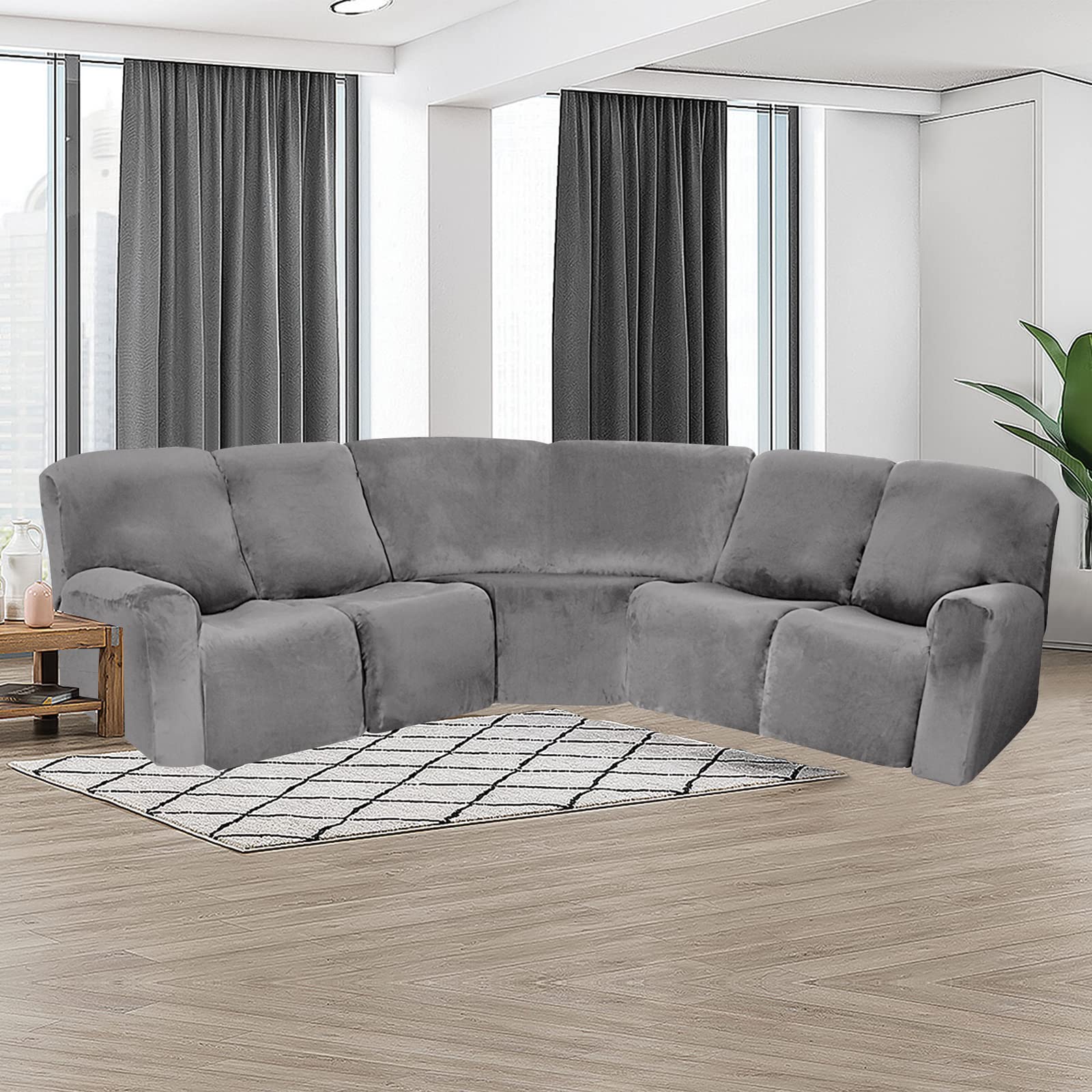 ELEOPTION 5-Seat Sectional Recliner Cover - Velvet Stretch Sofa Slipcover for L-Shaped Corner Reclining Couch - 7-Piece Washable Furniture Protector (Grey) - Perfect for Living Room, Home Theater & Family Gatherings