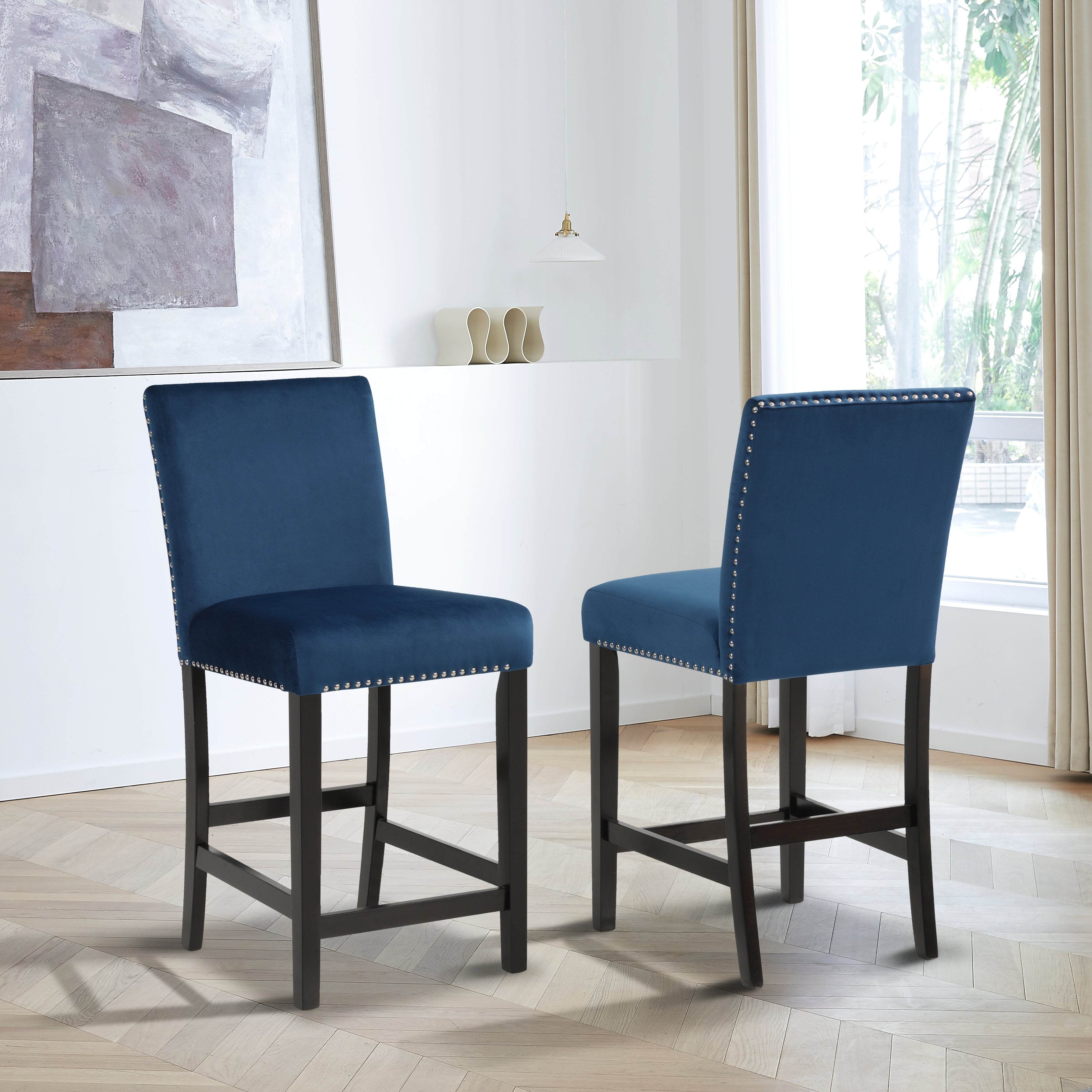 Roundhill Furniture Cobre Contemporary Velvet Counter Stool with Nailhead Trim - Set of 2 Blue Bar Stools for Kitchen Island, Breakfast Nook & Home Decor