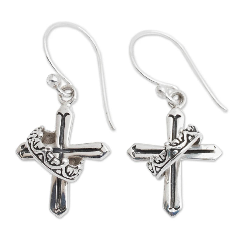 Sterling Silver Cross and Crown Earrings for Women - Religious Jewelry Gift for Baptism, Confirmation & Church Events