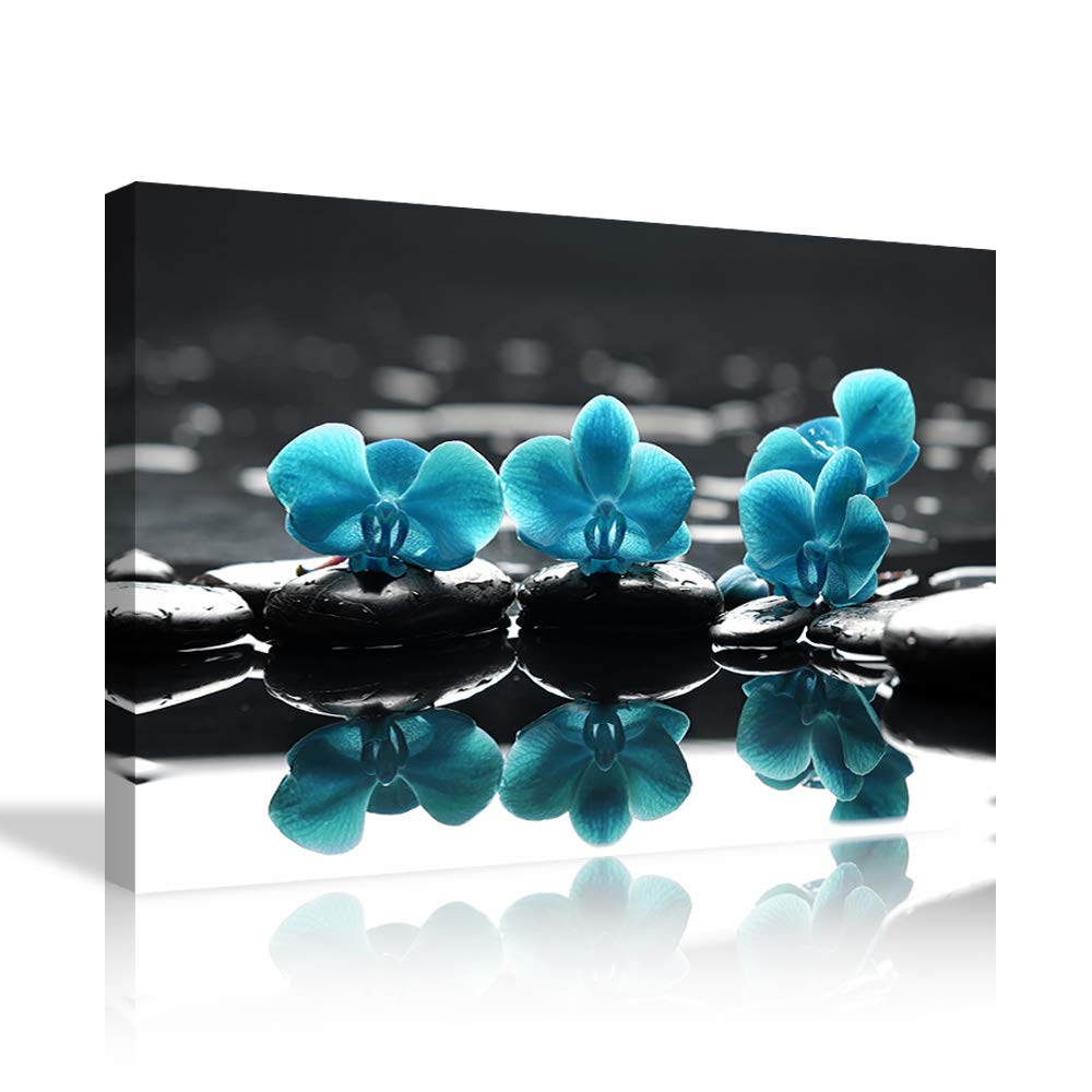 AMEMNY Blue Orchid Flowers Canvas Wall Art - Turquoise Modern Wall Decor for Living Room & Bathroom - Handmade Floral Painting for Home & Office Decor