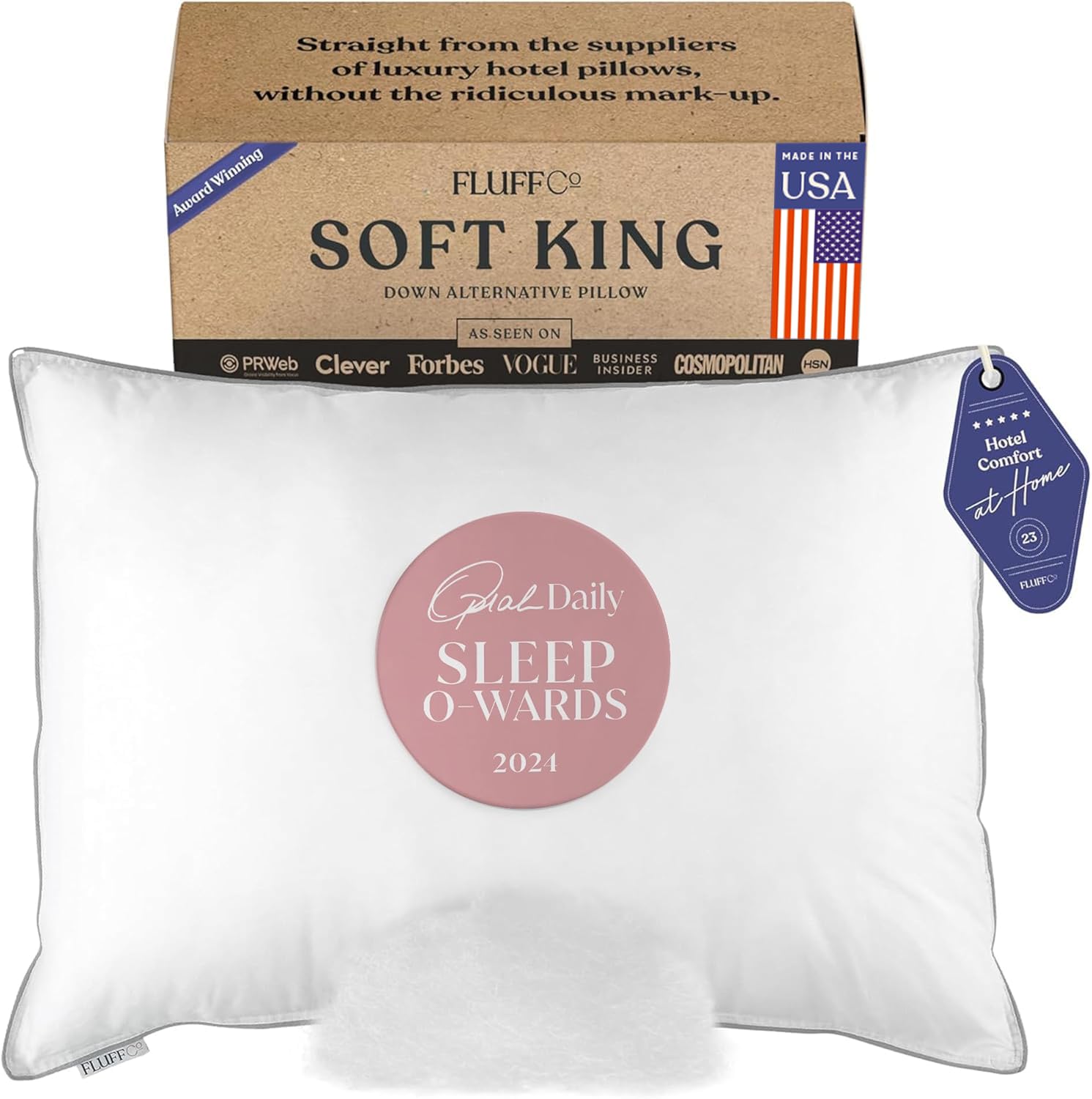 **FluffCo Zen Fluff Pillows - King Size Down Alternative Pillow for Sleeping - Luxury Hotel-Quality Bed Pillow Made in USA - 100% Cotton, 300 Thread Count (Soft, 1 Pack) - Perfect for Side Sleepers & Neck Support**
