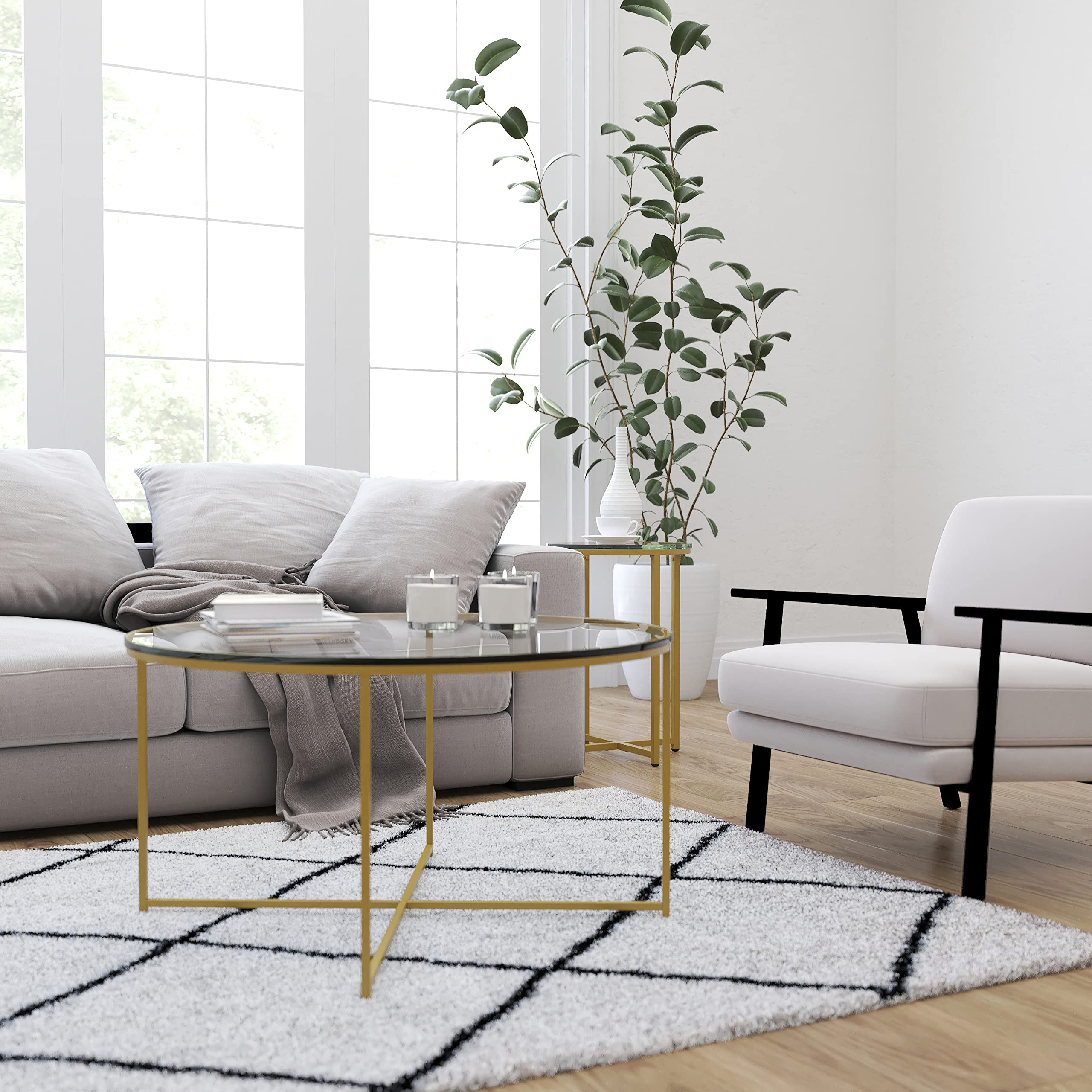 Merrick Lane Fairdale 3-Piece Round Coffee Table Set with Matte Gold Crisscross Frame - Modern Living Room Furniture for Small Spaces - Includes Coffee Table & 2 Matching End Tables - Perfect for Apartments, Condos and Cozy Home Decor