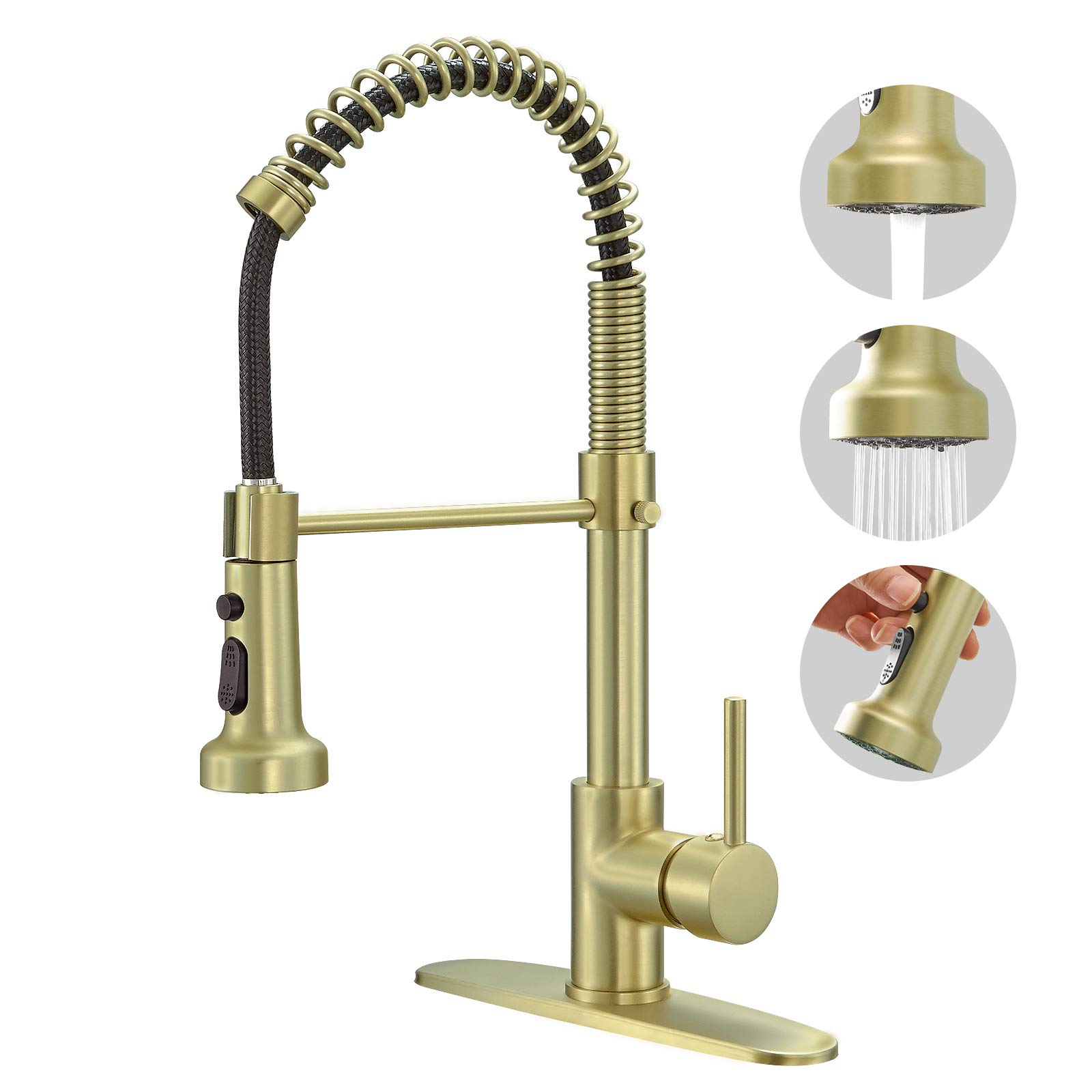 BESy Brushed Brass Kitchen Faucet with Pull-Out Sprayer - High-Arc Single Handle Spring RV Kitchen Sink Faucet, 3-Function Laundry Faucet in Brushed Gold Finish | Perfect for Modern Kitchens, RVs, and Laundry Rooms