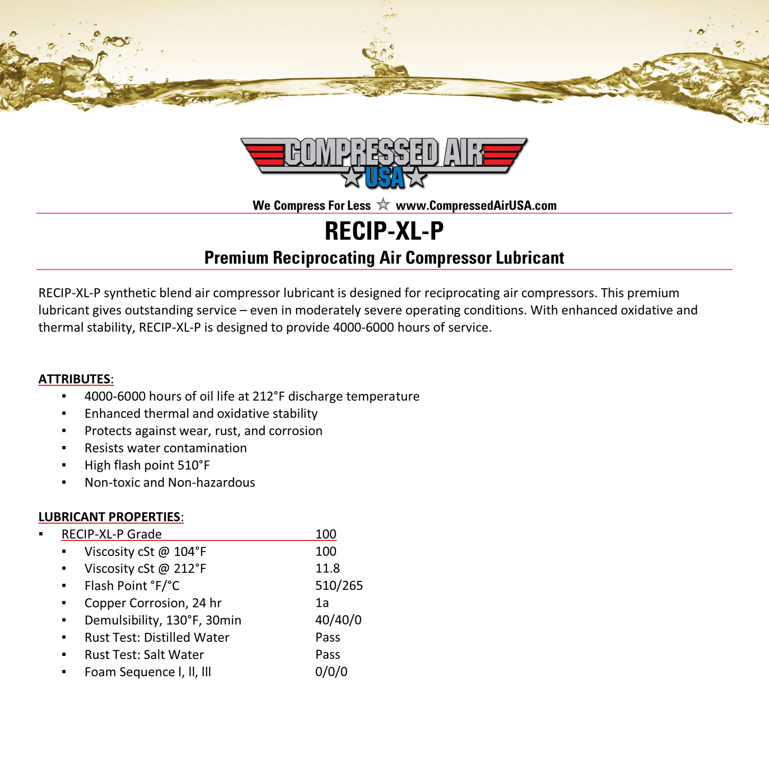 Premium 6000-Hour Reciprocating Air Compressor Lubricant Oil - Extended Life Formula - 1 Gallon for Industrial & Home Workshop Use - CompressedAirUSA XL Series