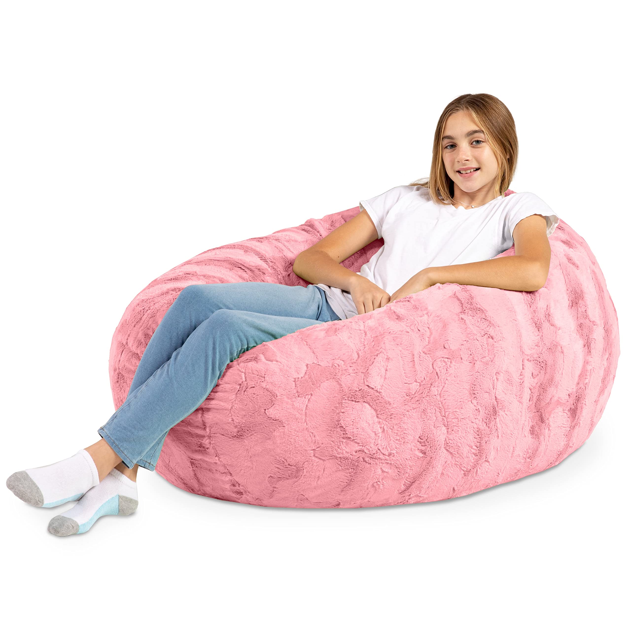 Jaxx Cocoon 4 Foot Oversized Bean Bag Chair - Soft Faux Fur Cover, Rose Quartz Pink - Perfect for Living Room, Bedroom & Dorm Relaxation
