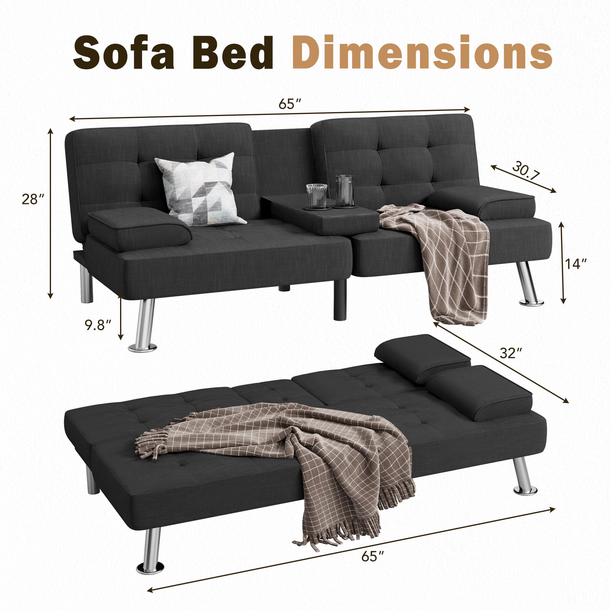 Modern Convertible Folding Futon Sofa Bed with Removable Armrests & Cup Holders - Linen Upholstered, Metal Legs - Space Saving Sleeper for Small Apartments, Guest Rooms & Living Rooms (Deep Black)
