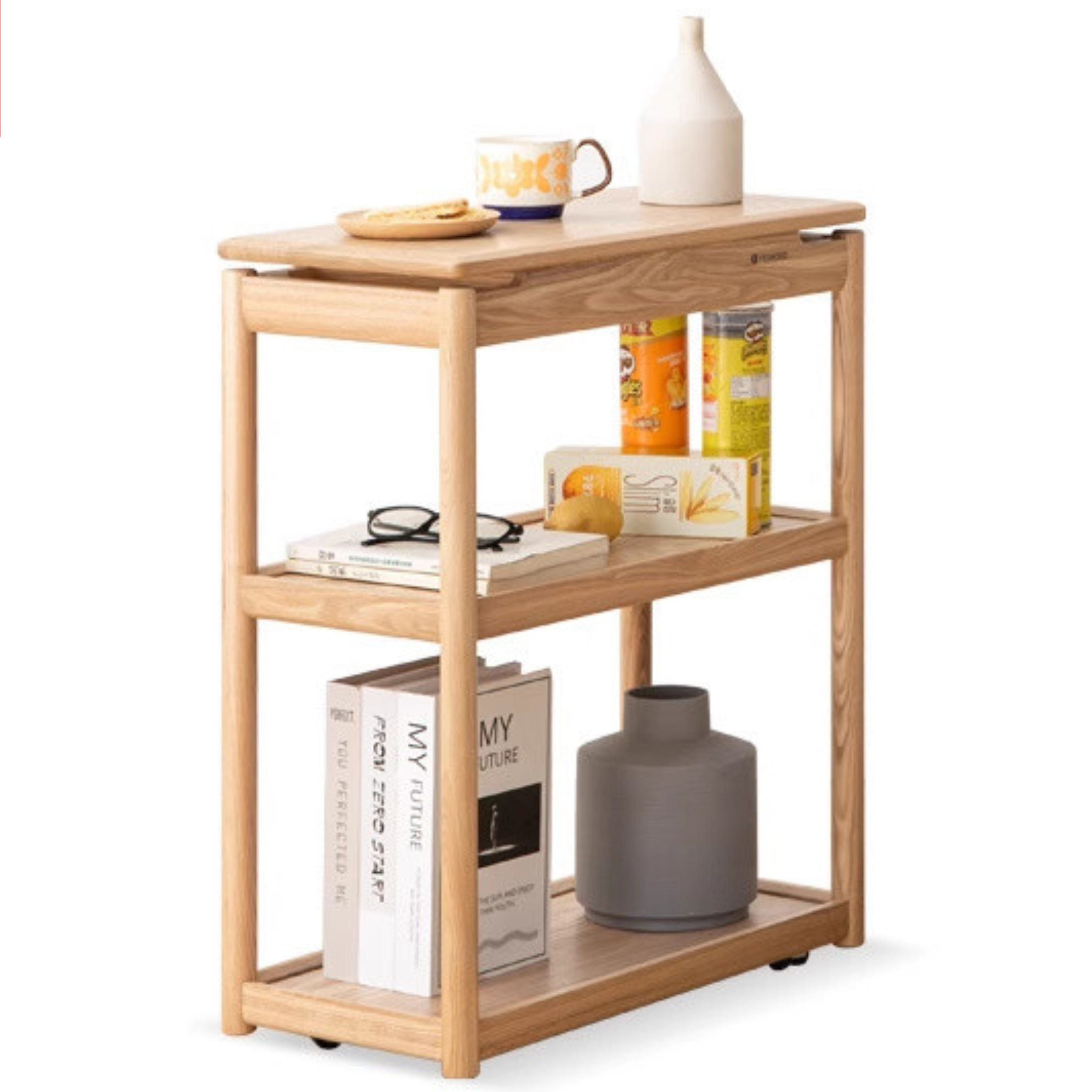 Solid Oak and Ash Wood Mobile Side Table - Portable End Table for Living Room, Bedroom, or Outdoor Use
